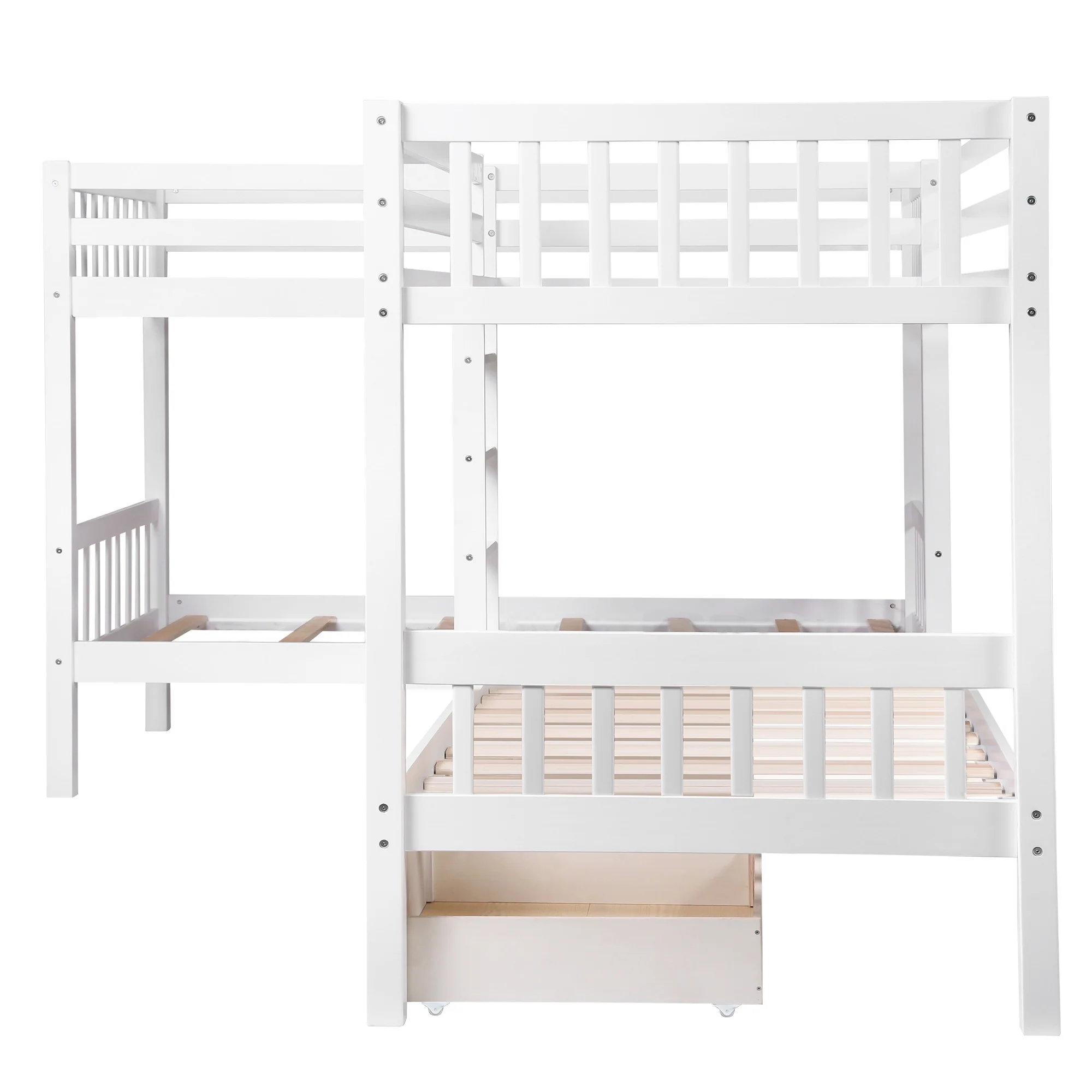 White Twin Size L Shaped Double Bunk Bed With Drawer By Homeroots - Image 9