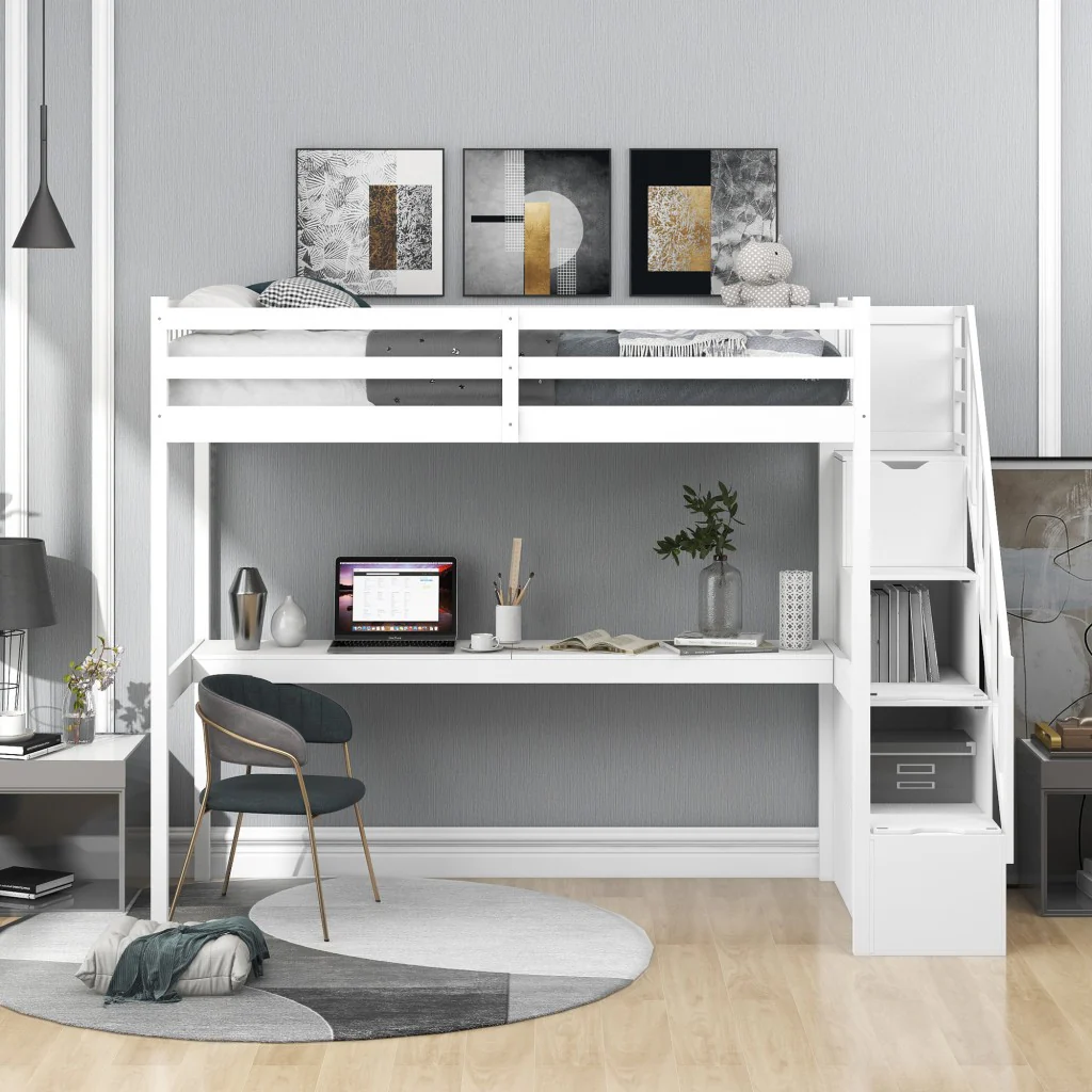 White Twin Size Loft Bed With Built In Desk And Stairway By Homeroots - Image 2