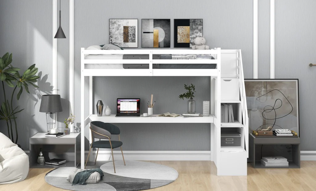White Twin Size Loft Bed With Built In Desk And Stairway By Homeroots - Image 3