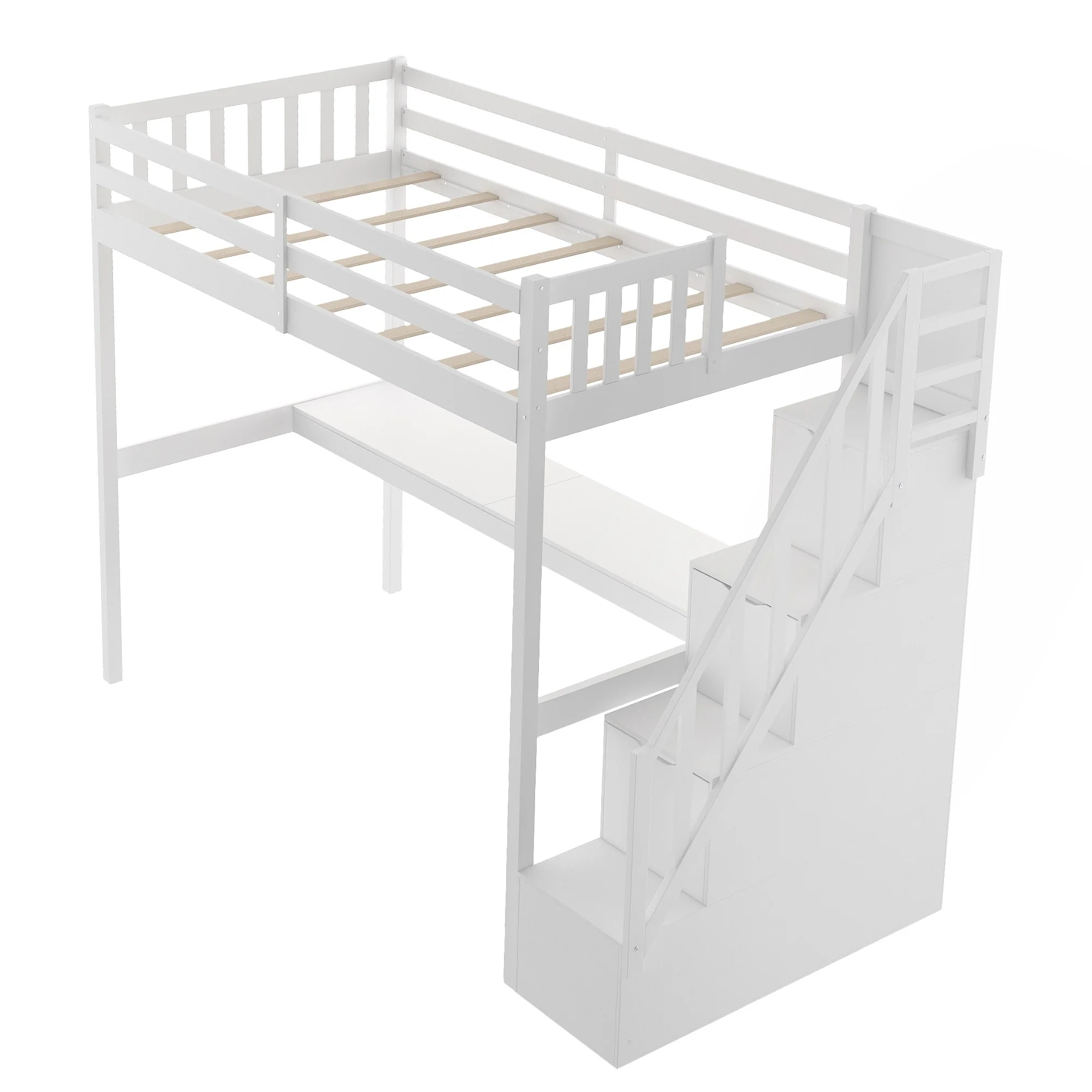 White Twin Size Loft Bed With Built In Desk And Stairway By Homeroots - Image 4