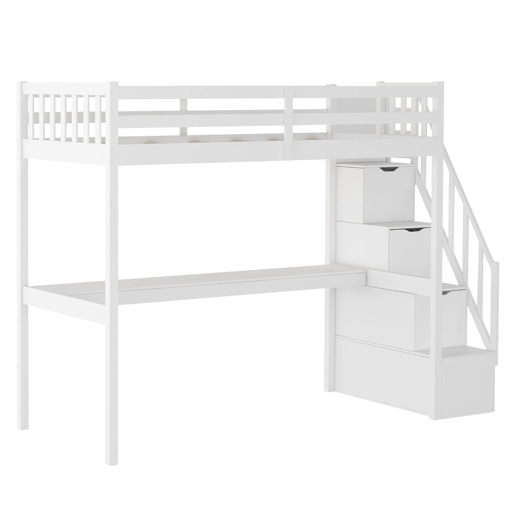 White Twin Size Loft Bed With Built In Desk And Stairway By Homeroots - Image 6