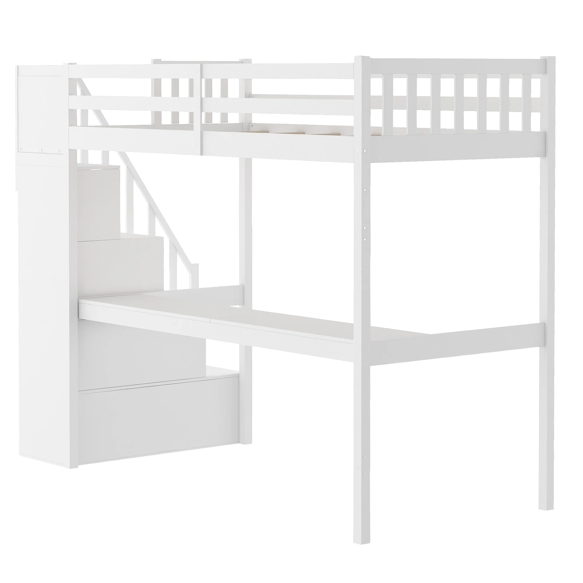 White Twin Size Loft Bed With Built In Desk And Stairway By Homeroots - Image 7