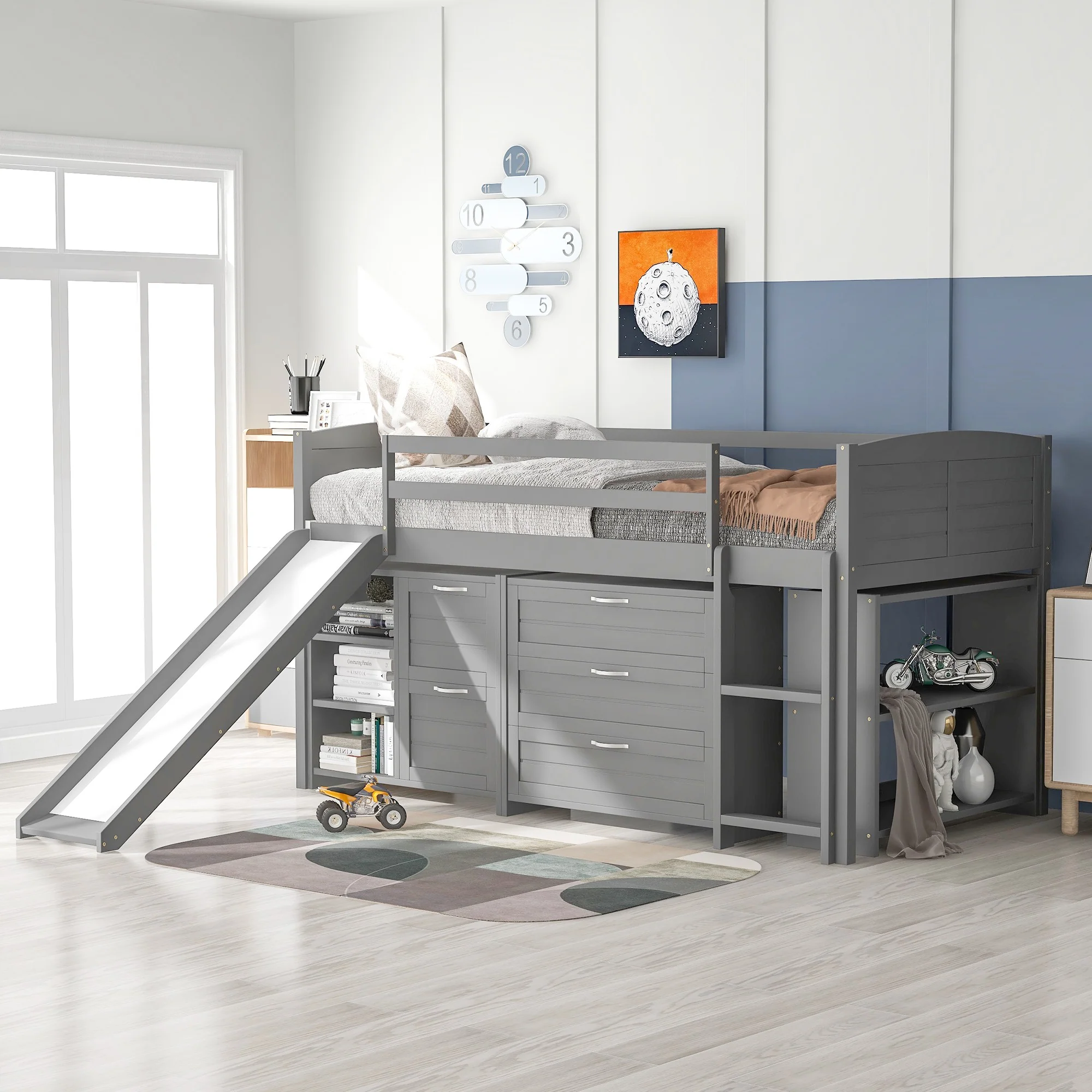 White Twin Size Low Loft Bed With Cabinets And Slide By Homeroots - Image 10