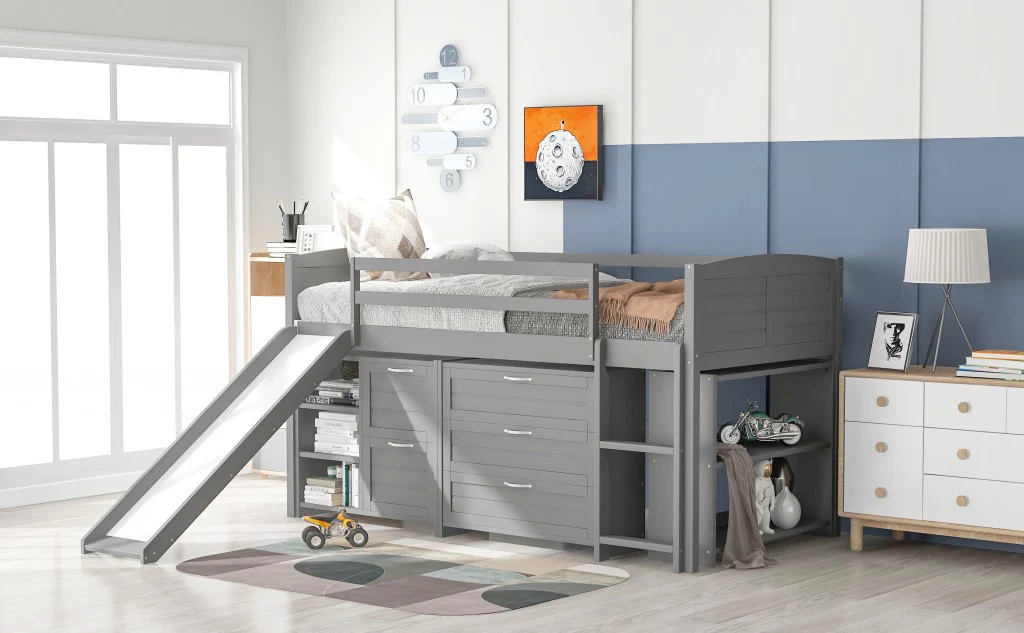 White Twin Size Low Loft Bed With Cabinets And Slide By Homeroots - Image 11