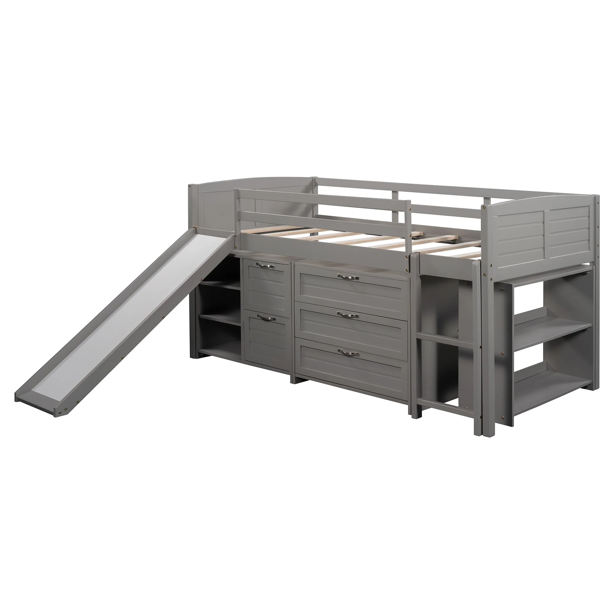 White Twin Size Low Loft Bed With Cabinets And Slide By Homeroots - Image 12