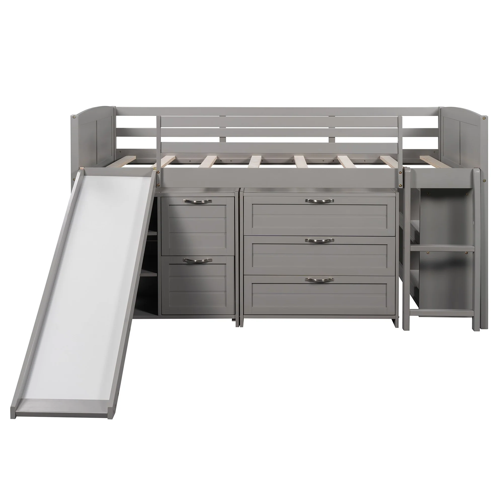 White Twin Size Low Loft Bed With Cabinets And Slide By Homeroots - Image 13