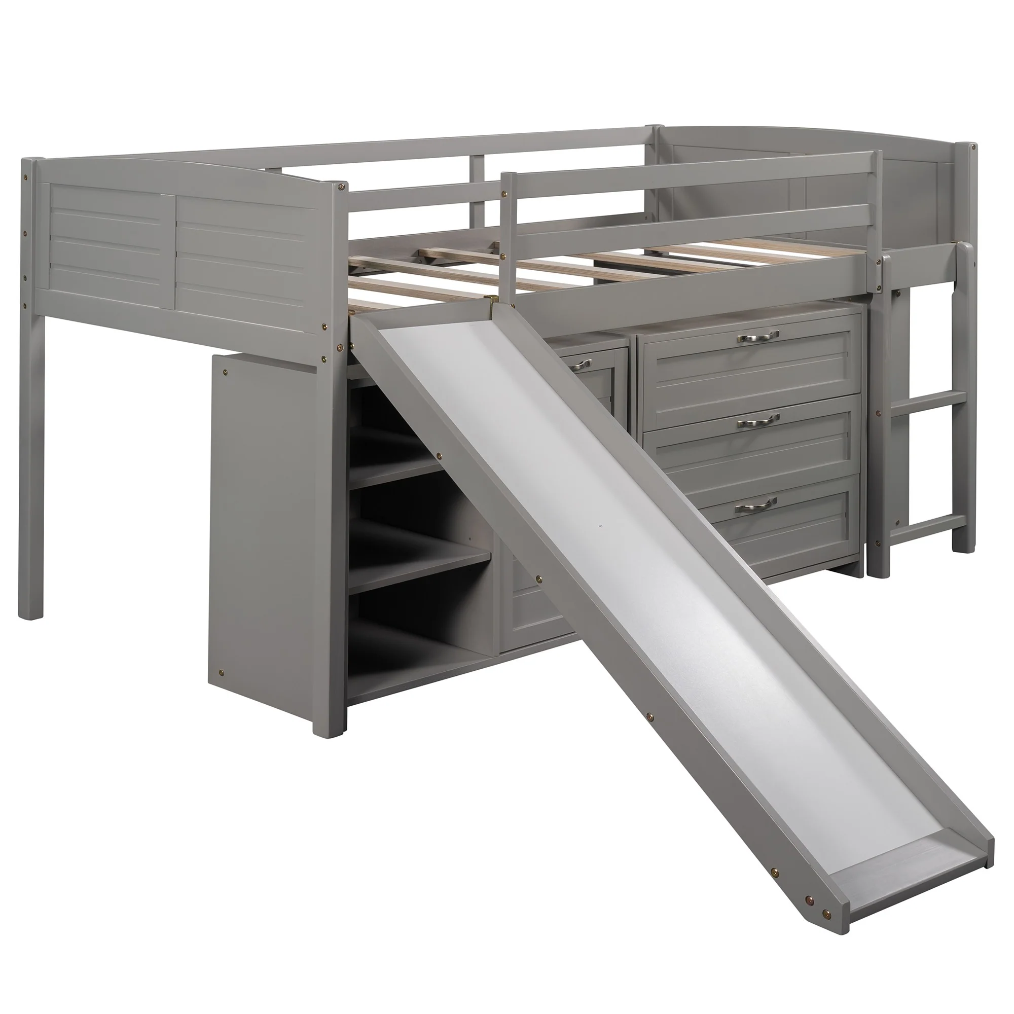 White Twin Size Low Loft Bed With Cabinets And Slide By Homeroots - Image 14