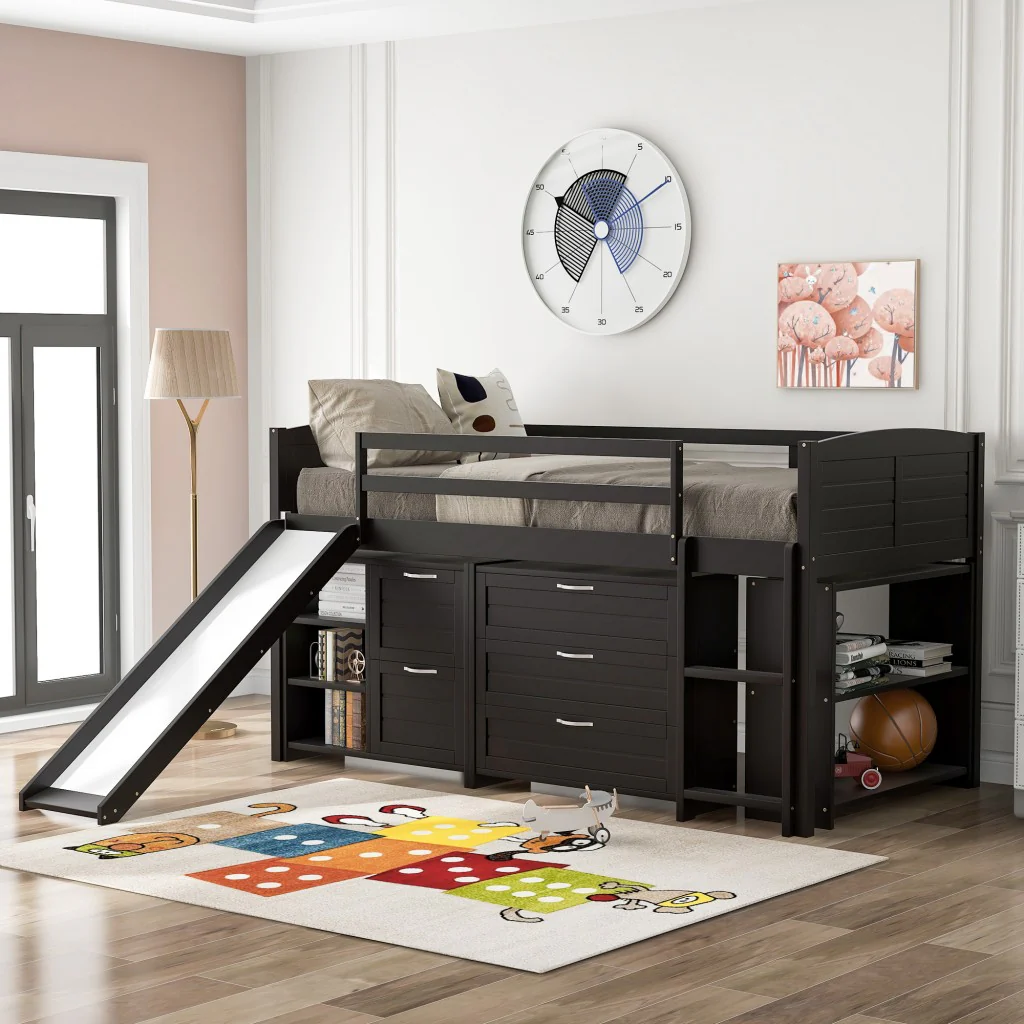 White Twin Size Low Loft Bed With Cabinets And Slide By Homeroots - Image 19