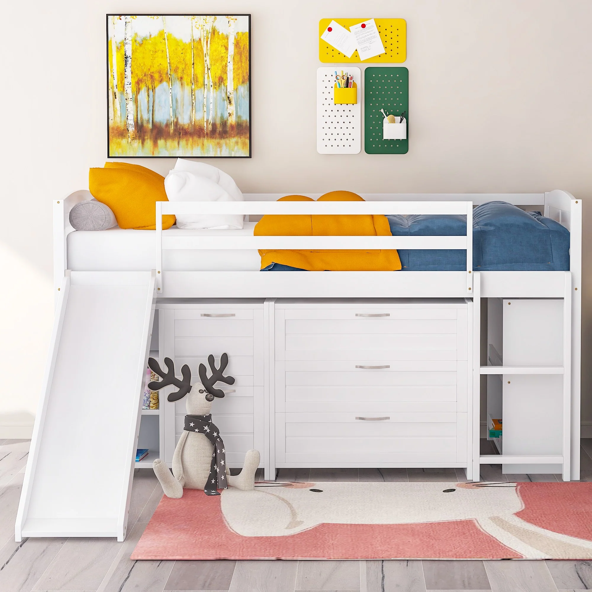 White Twin Size Low Loft Bed With Cabinets And Slide By Homeroots - Image 2