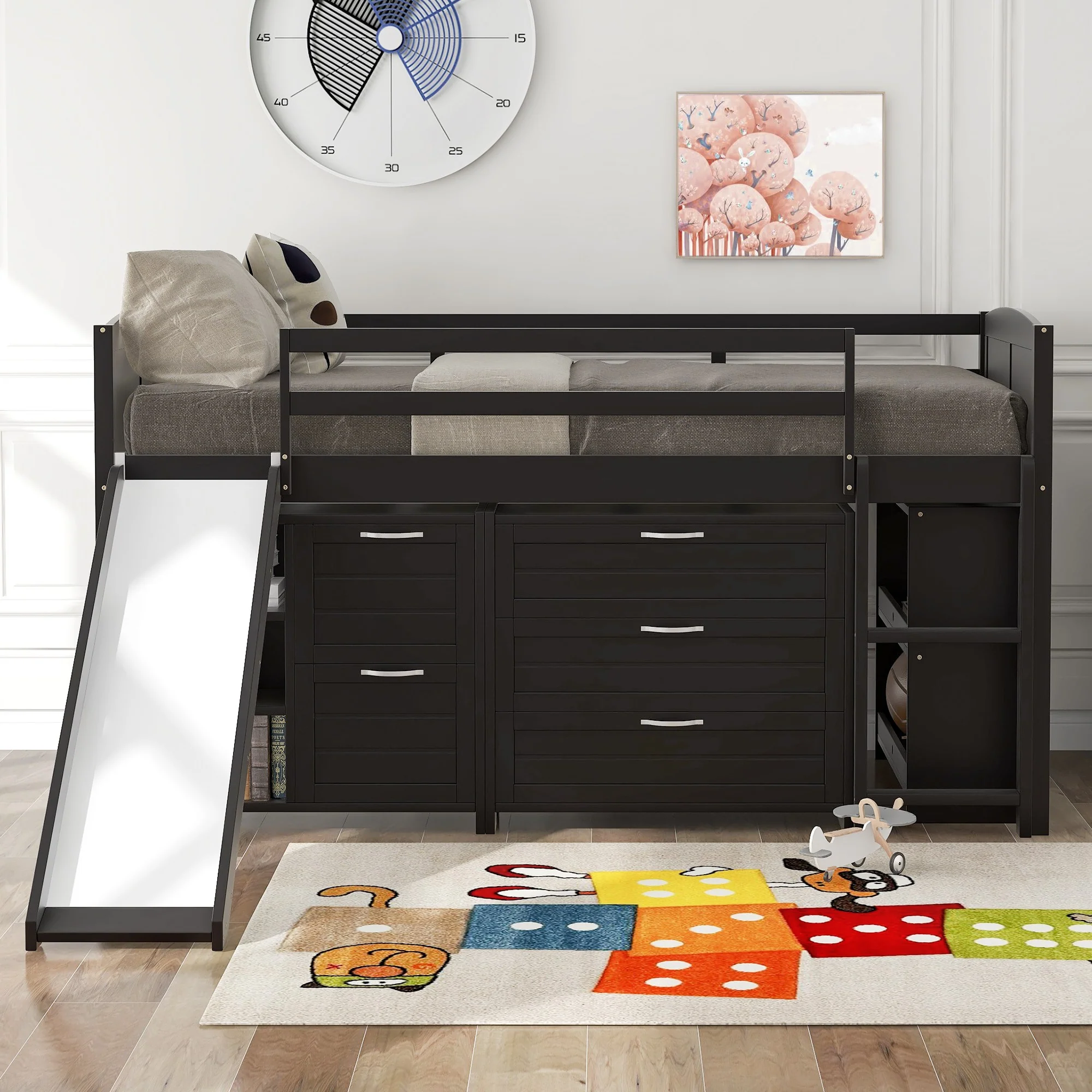 White Twin Size Low Loft Bed With Cabinets And Slide By Homeroots - Image 20