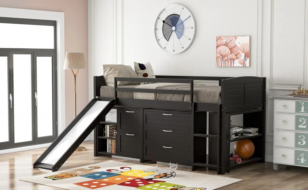 White Twin Size Low Loft Bed With Cabinets And Slide By Homeroots - Image 21