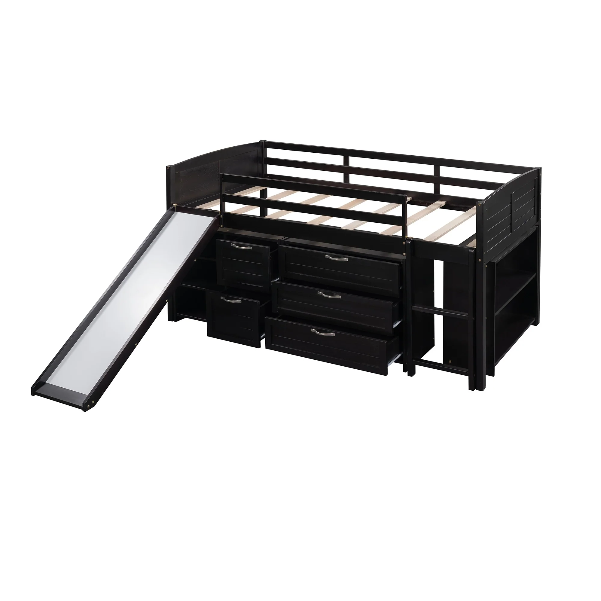 White Twin Size Low Loft Bed With Cabinets And Slide By Homeroots - Image 22