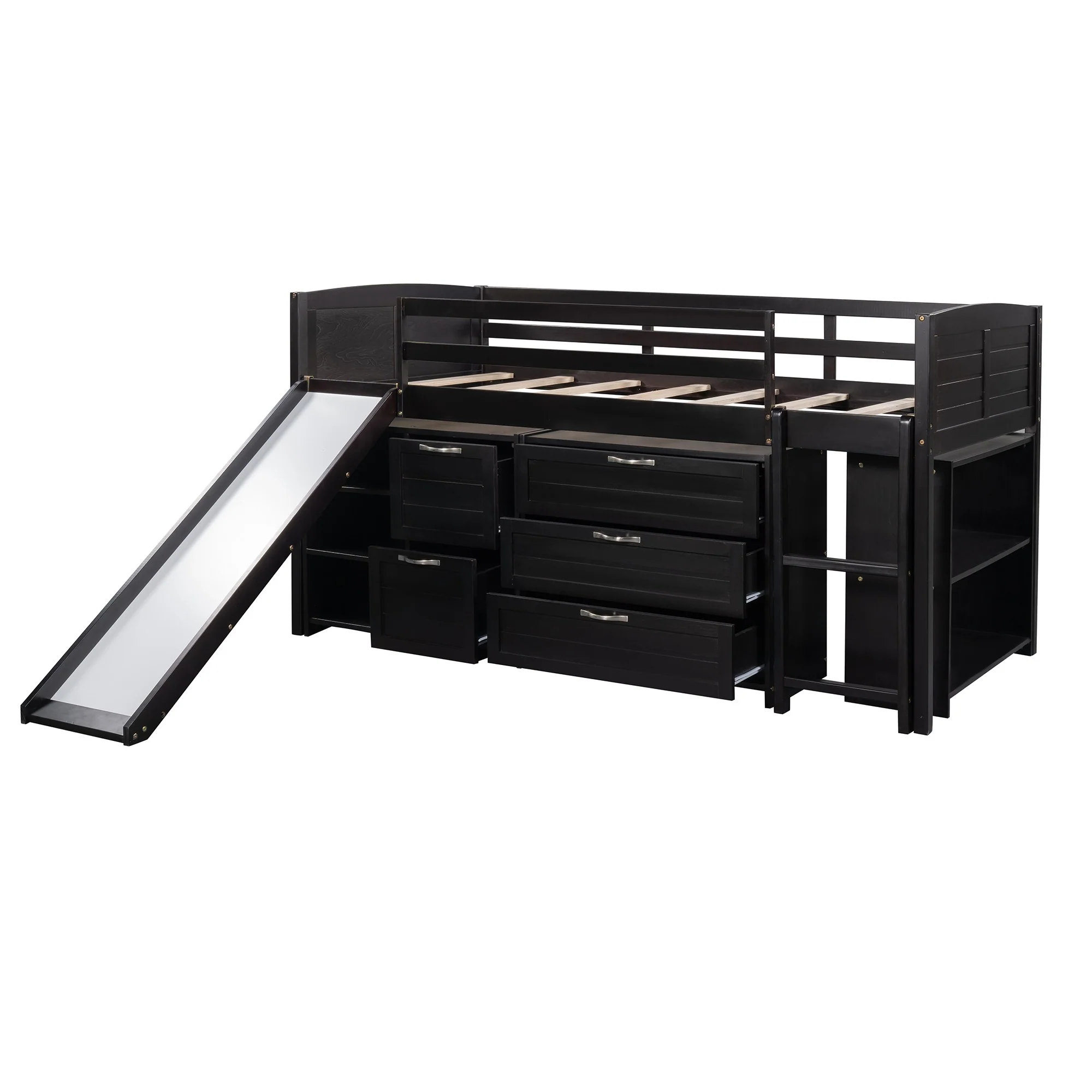 White Twin Size Low Loft Bed With Cabinets And Slide By Homeroots - Image 23