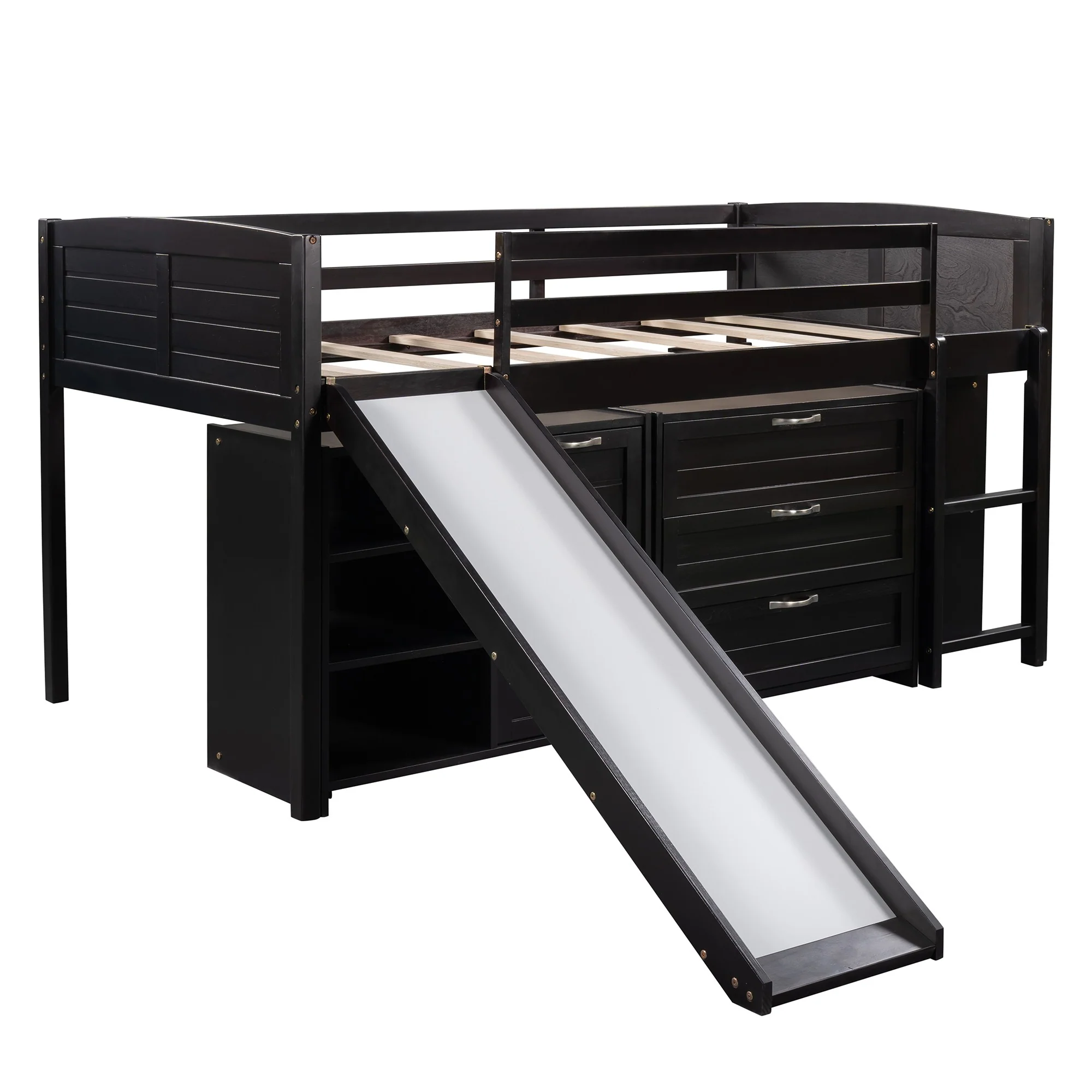 White Twin Size Low Loft Bed With Cabinets And Slide By Homeroots - Image 24