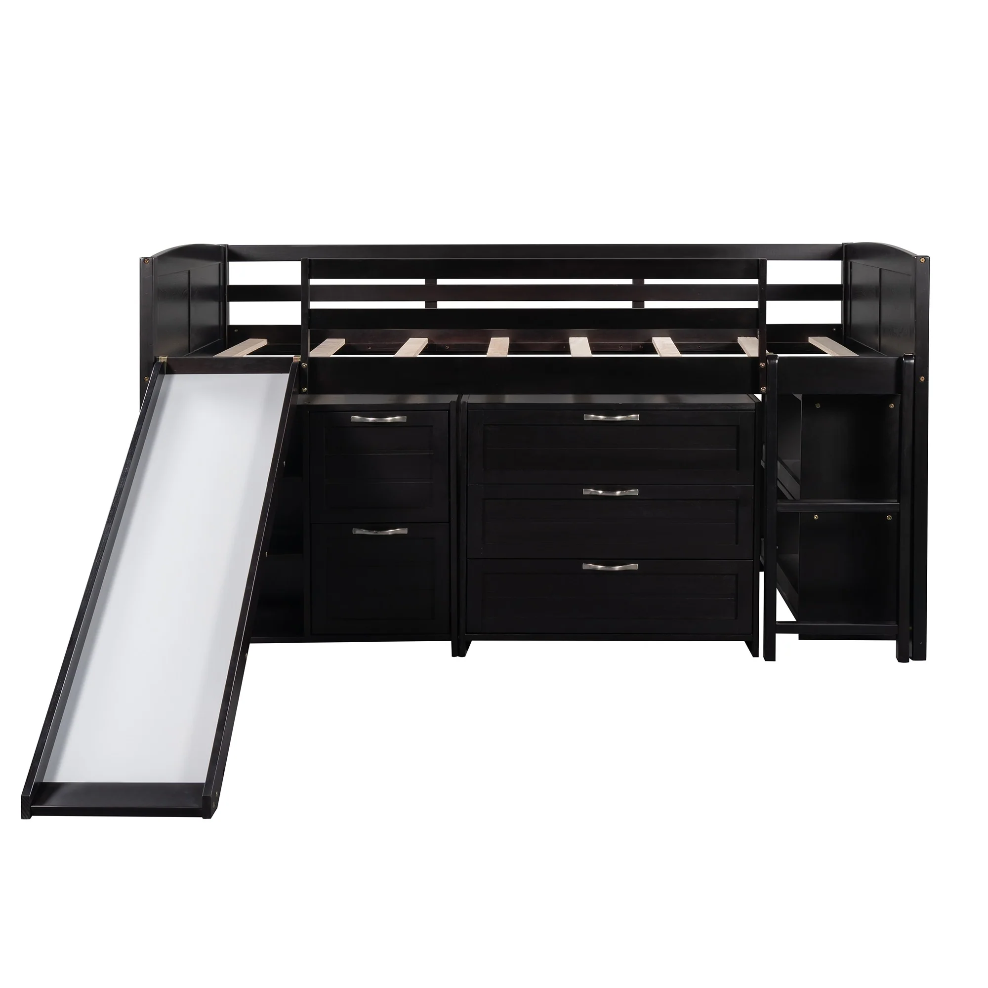 White Twin Size Low Loft Bed With Cabinets And Slide By Homeroots - Image 25