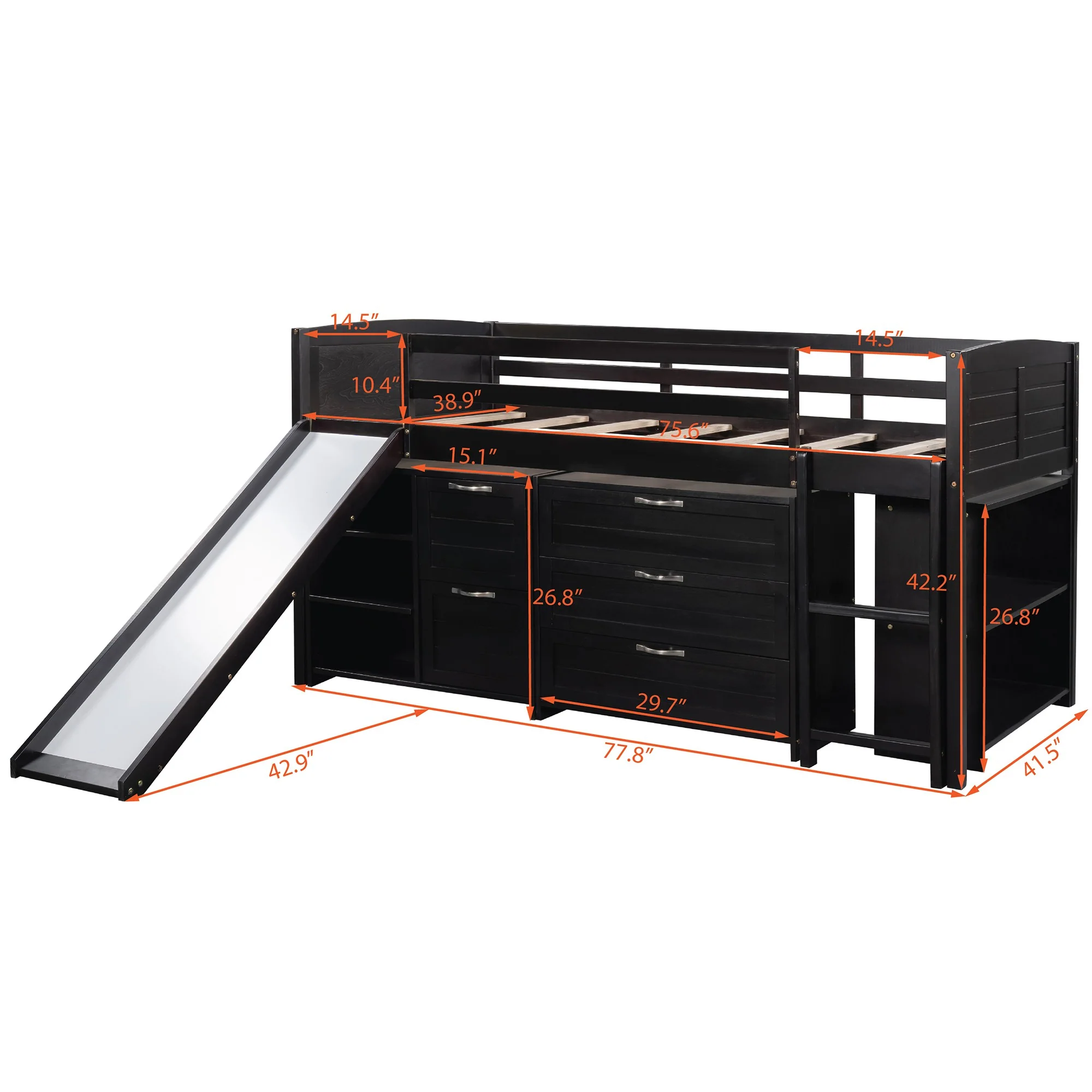 White Twin Size Low Loft Bed With Cabinets And Slide By Homeroots - Image 26