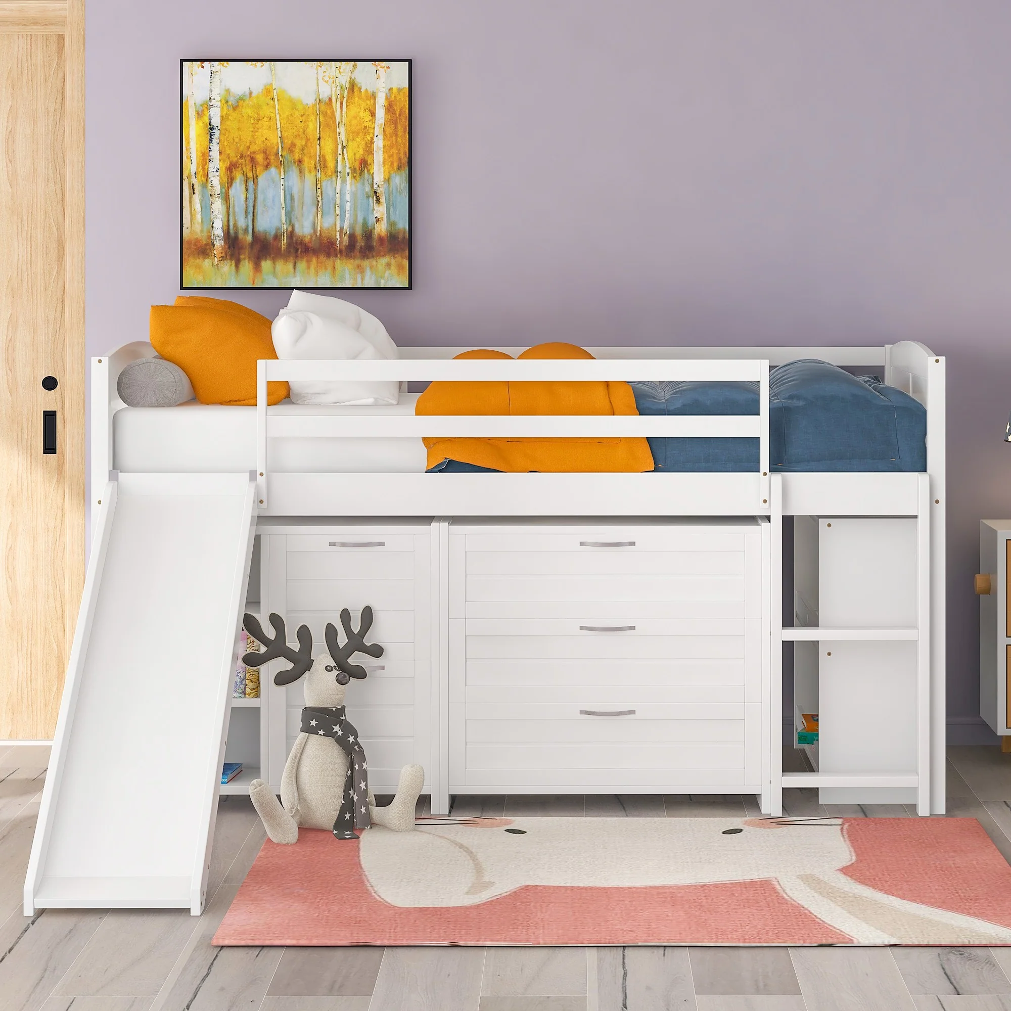 White Twin Size Low Loft Bed With Cabinets And Slide By Homeroots - Image 3