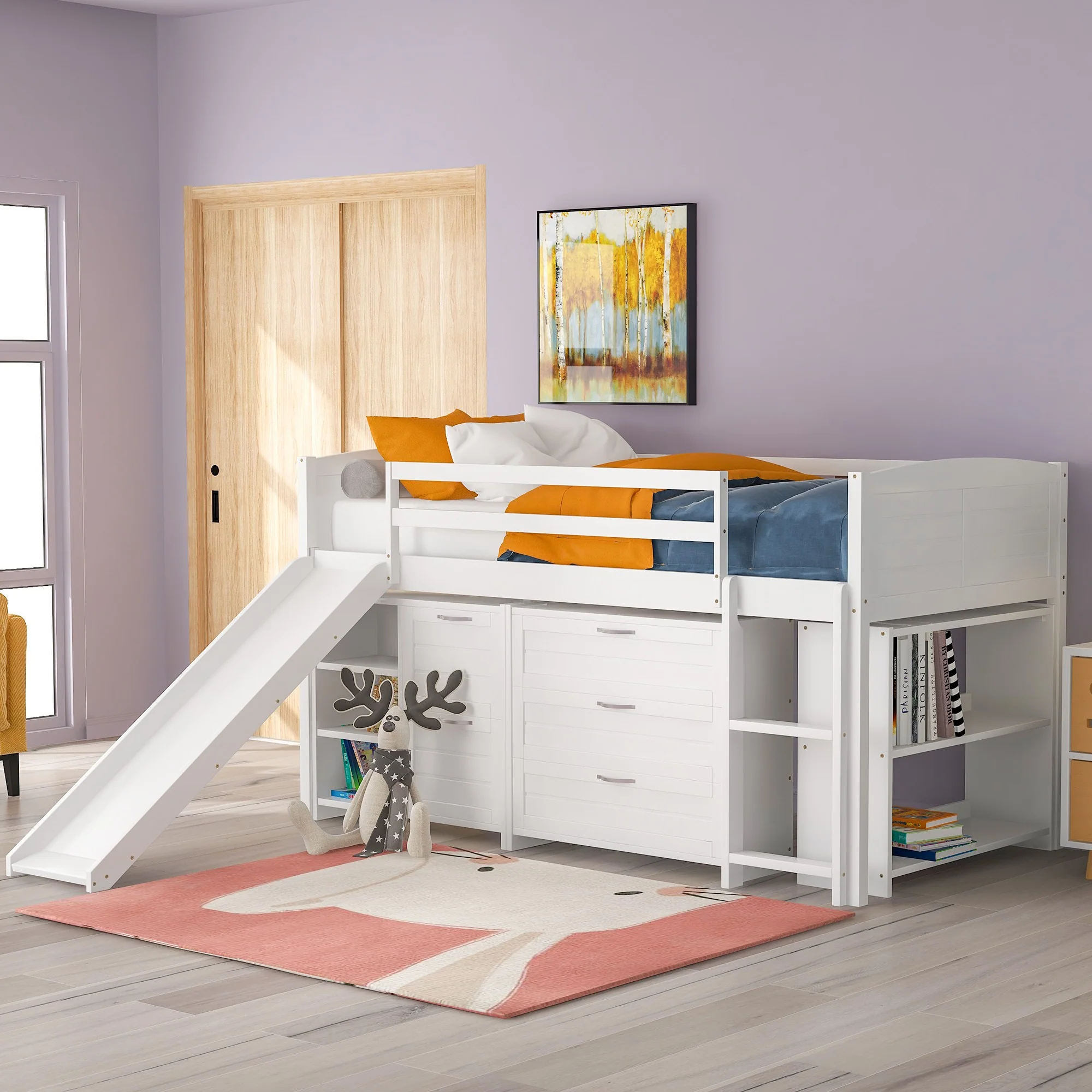 White Twin Size Low Loft Bed With Cabinets And Slide By Homeroots - Image 4