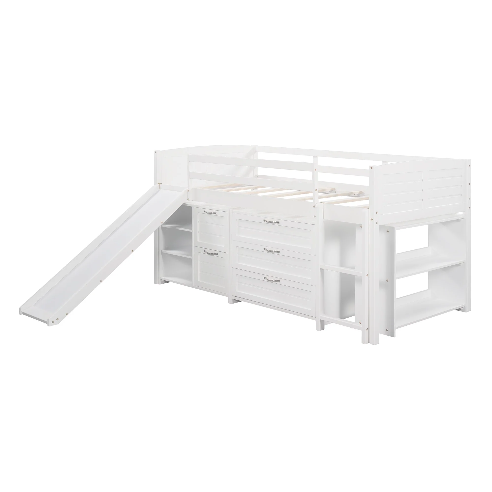 White Twin Size Low Loft Bed With Cabinets And Slide By Homeroots - Image 5