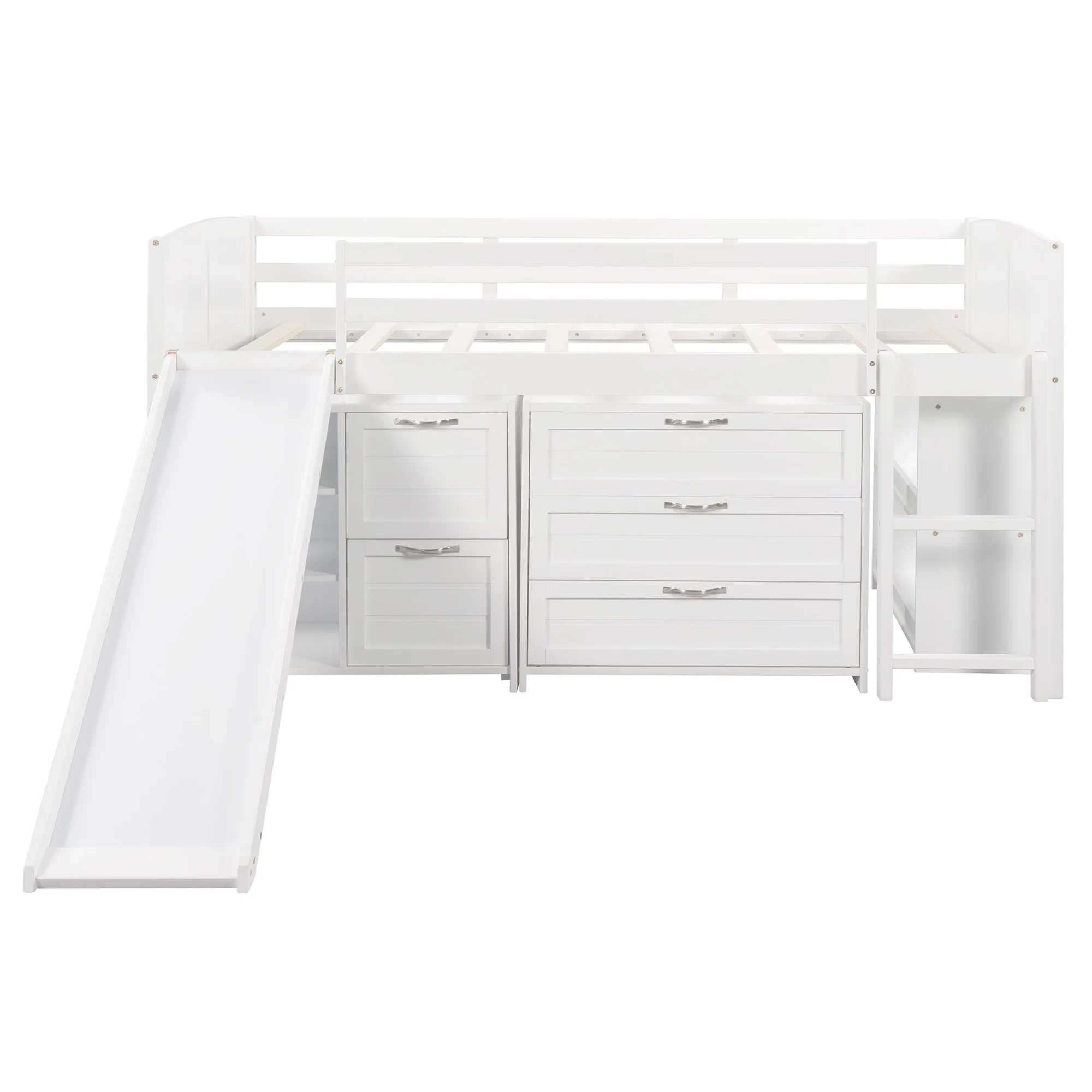 White Twin Size Low Loft Bed With Cabinets And Slide By Homeroots - Image 6