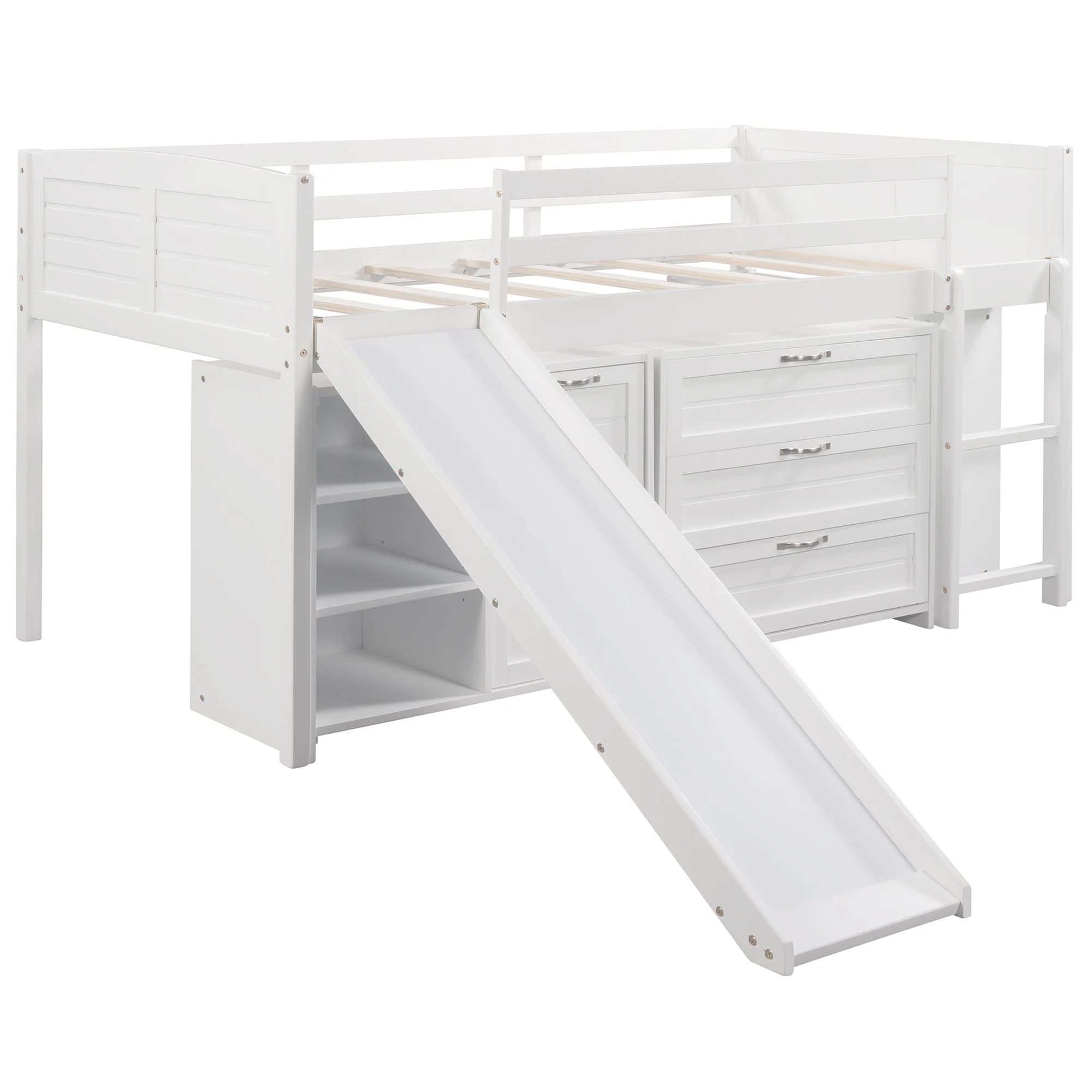 White Twin Size Low Loft Bed With Cabinets And Slide By Homeroots - Image 7