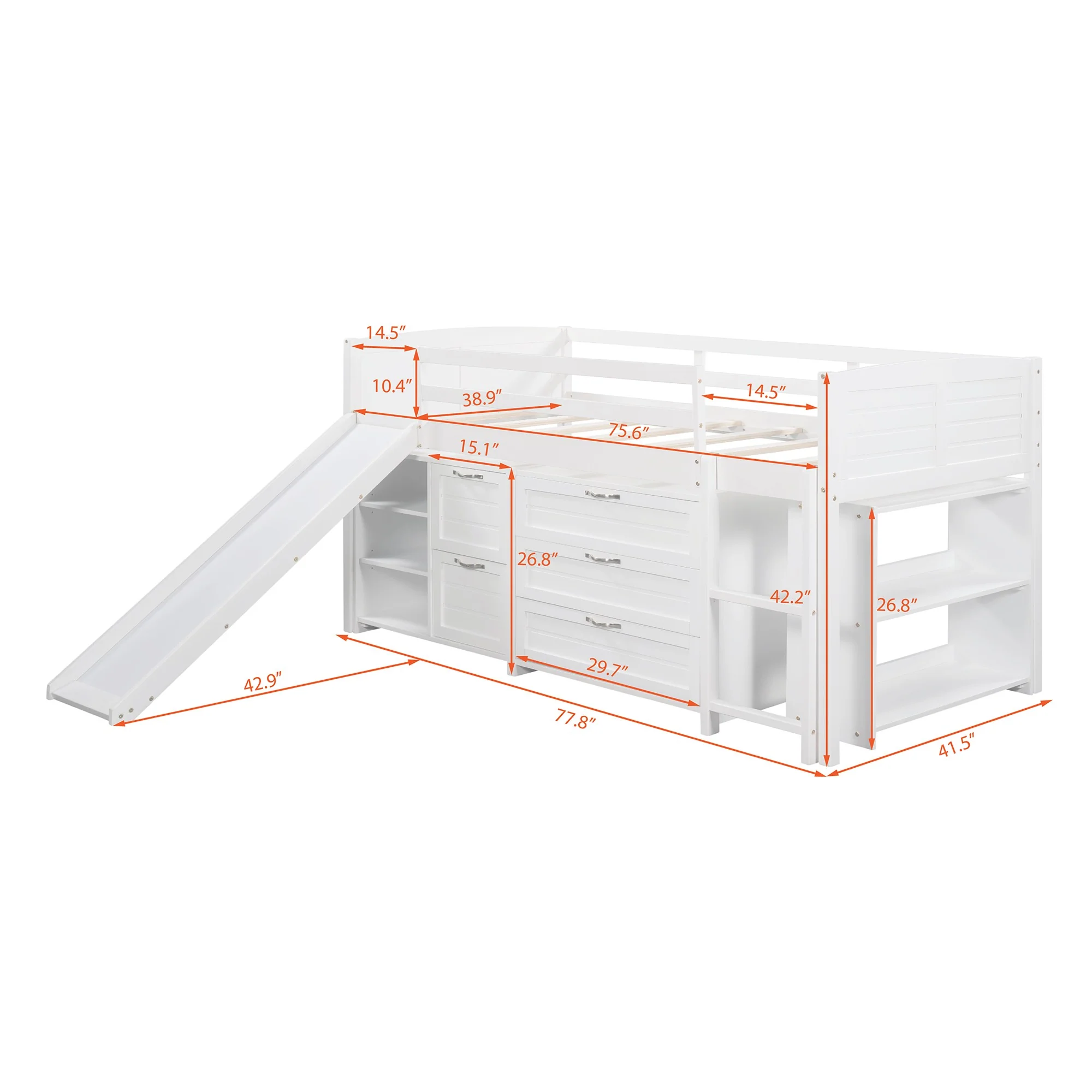 White Twin Size Low Loft Bed With Cabinets And Slide By Homeroots - Image 9
