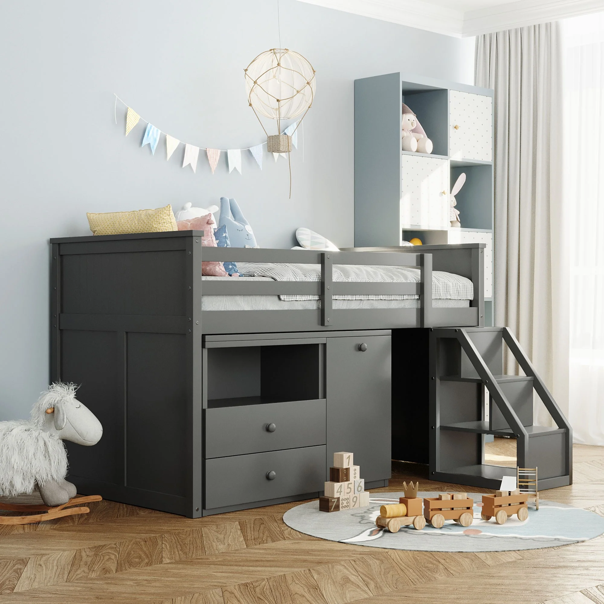 White Twin Size Low Loft Bed With Portable Desk By Homeroots - Image 10