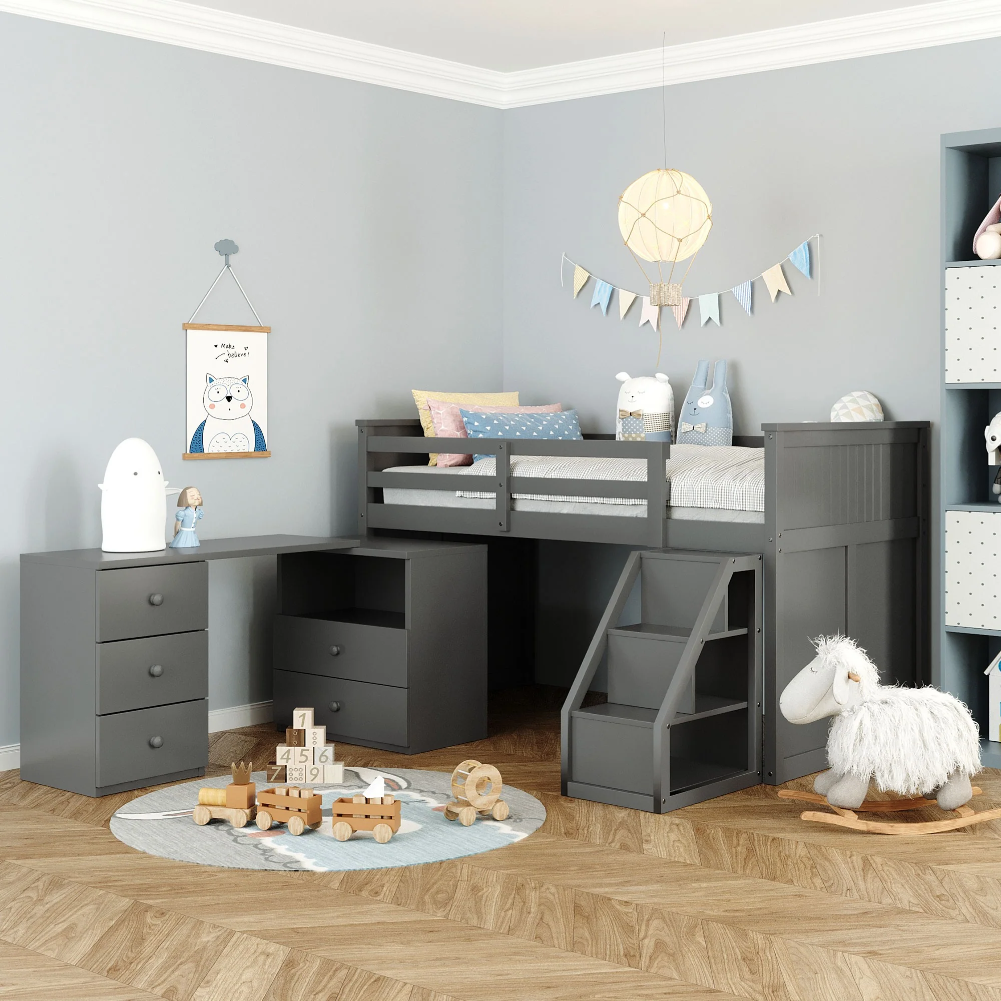 White Twin Size Low Loft Bed With Portable Desk By Homeroots - Image 12