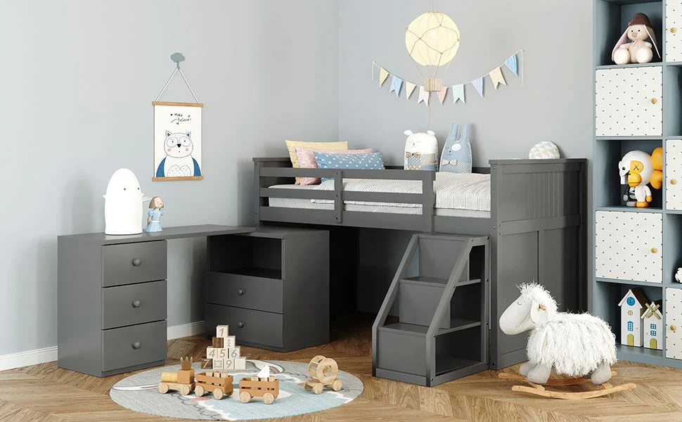 White Twin Size Low Loft Bed With Portable Desk By Homeroots - Image 16