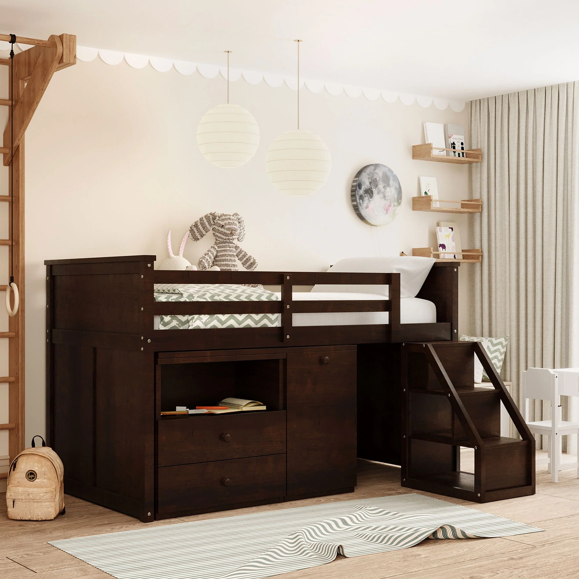 White Twin Size Low Loft Bed With Portable Desk By Homeroots - Image 19