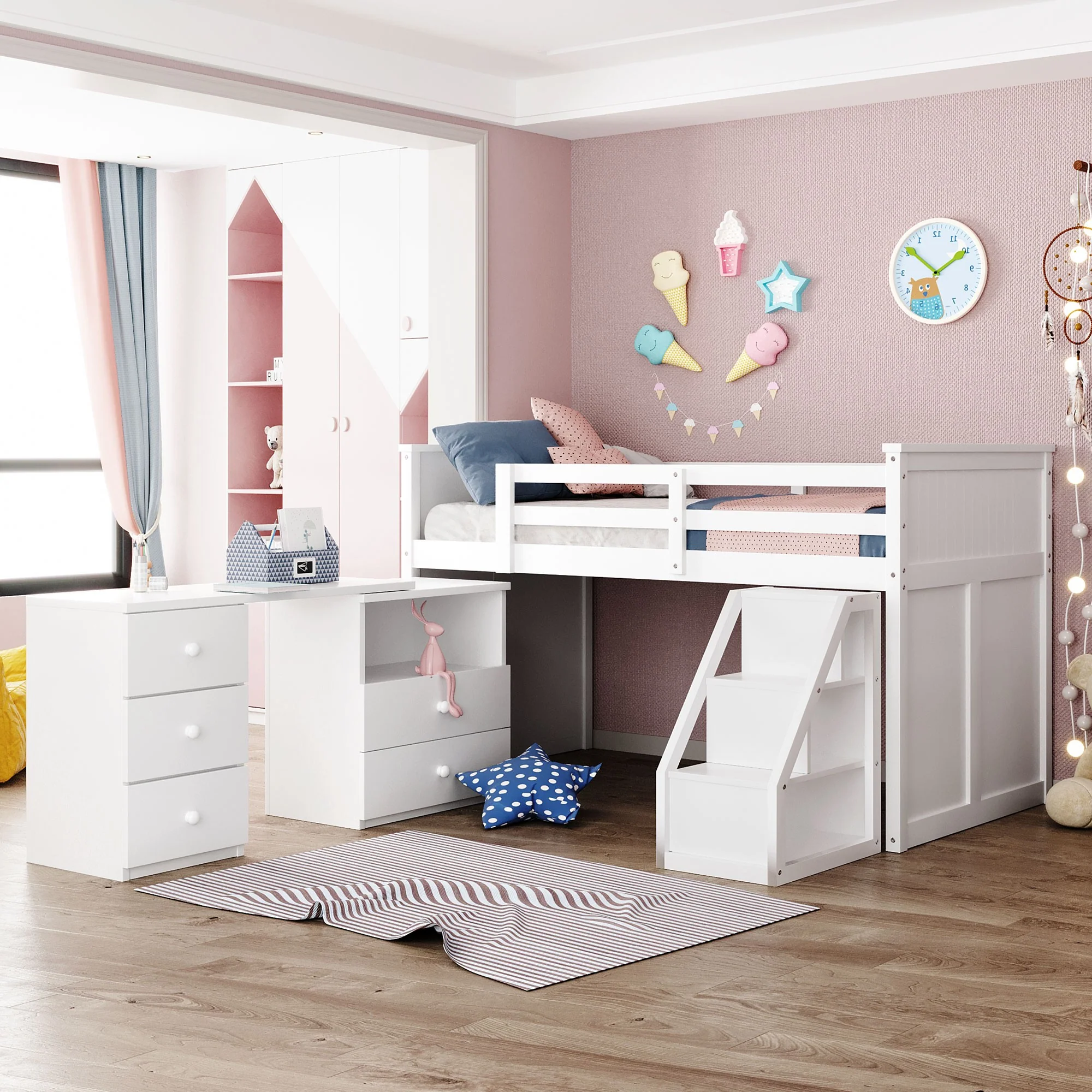 White Twin Size Low Loft Bed With Portable Desk By Homeroots - Image 2