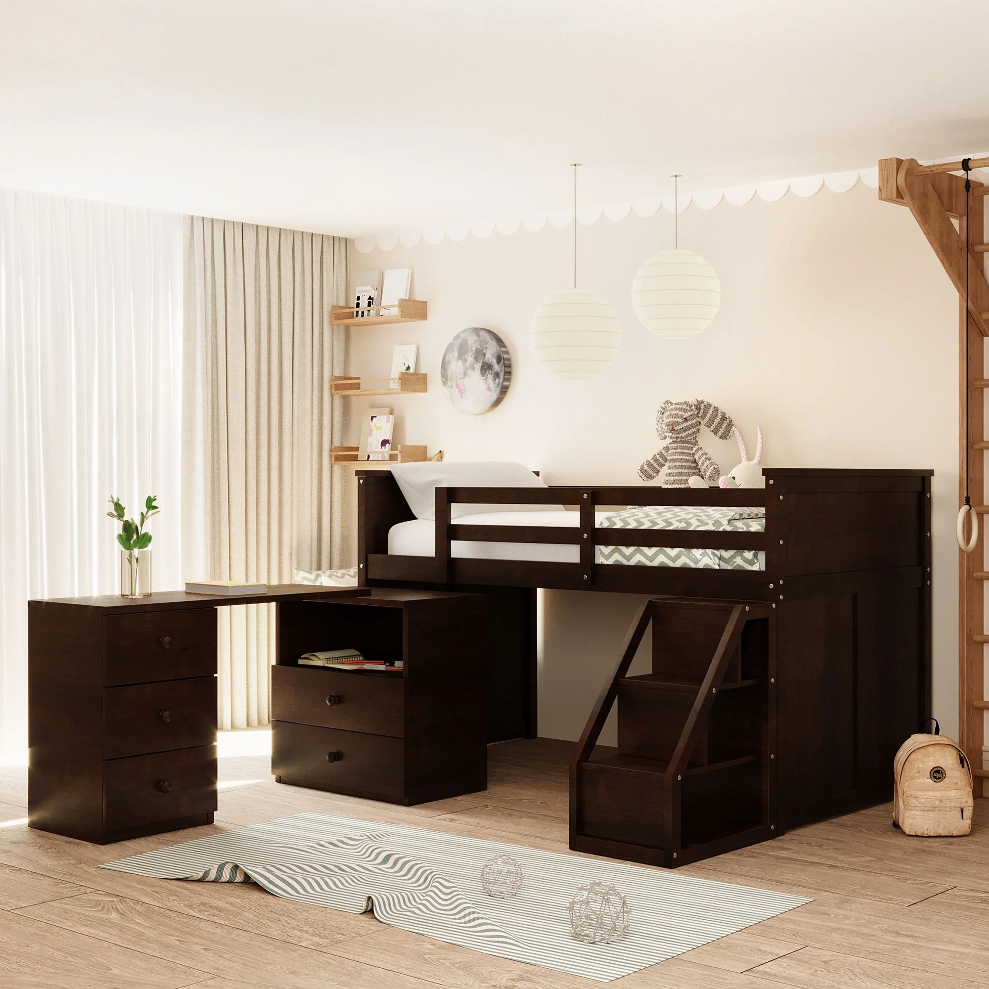 White Twin Size Low Loft Bed With Portable Desk By Homeroots - Image 20