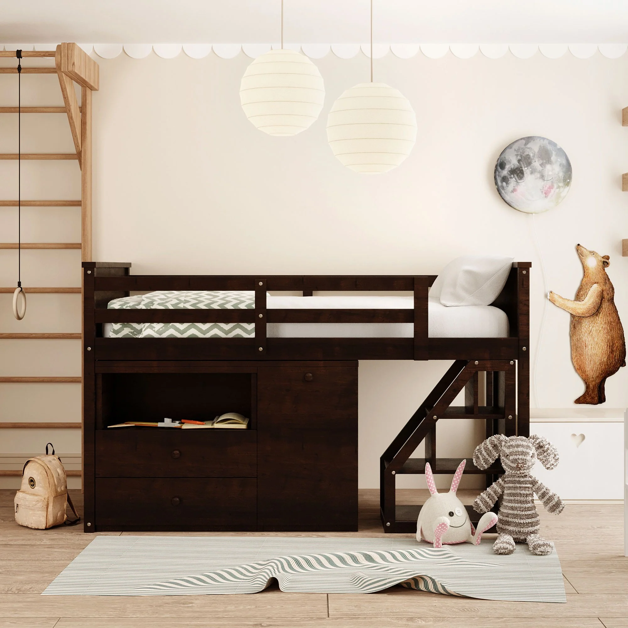 White Twin Size Low Loft Bed With Portable Desk By Homeroots - Image 21