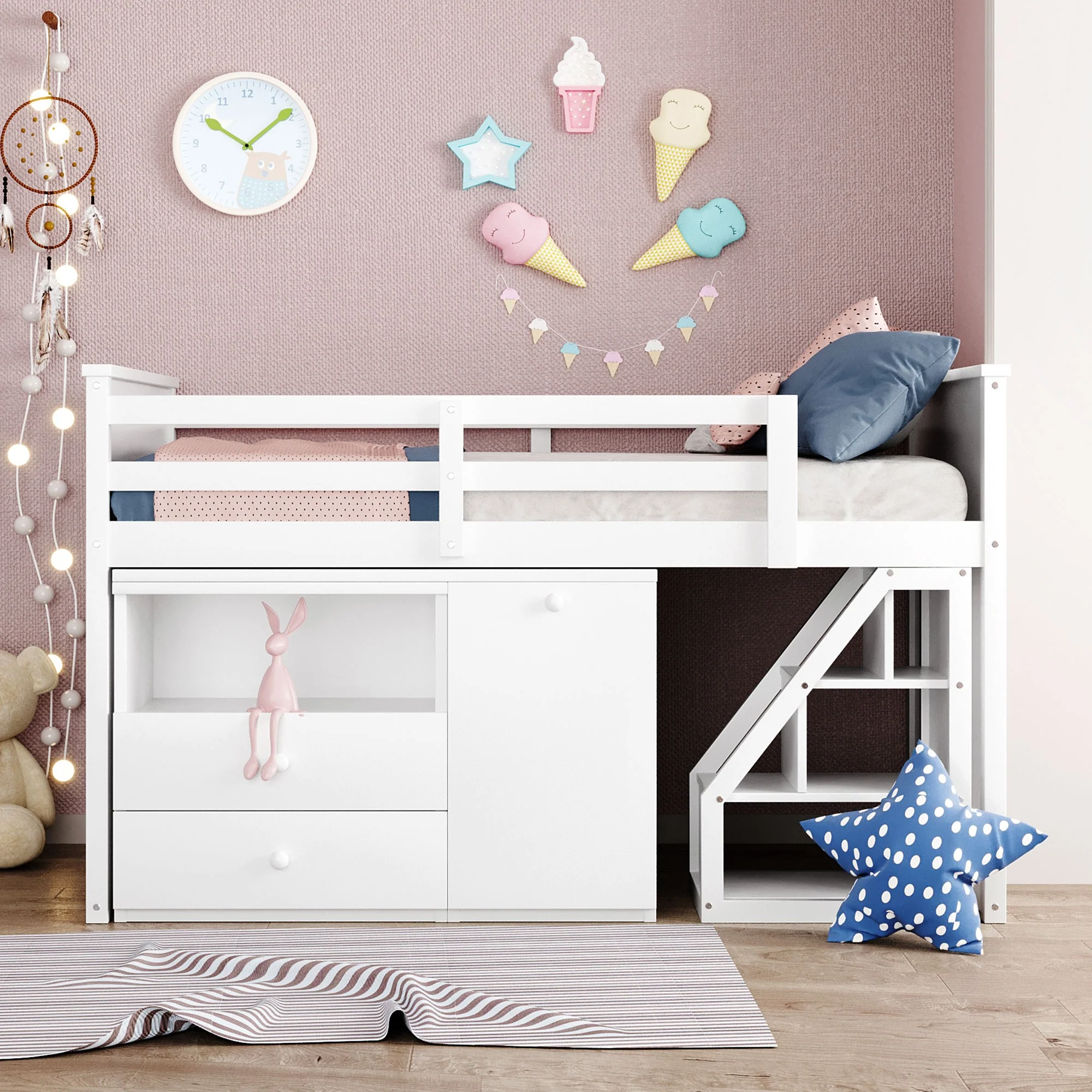 White Twin Size Low Loft Bed With Portable Desk By Homeroots - Image 3