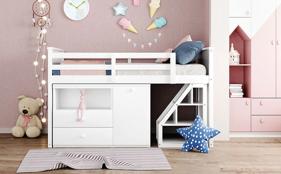 White Twin Size Low Loft Bed With Portable Desk By Homeroots - Image 4
