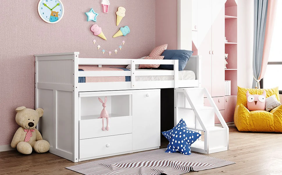 White Twin Size Low Loft Bed With Portable Desk By Homeroots - Image 5