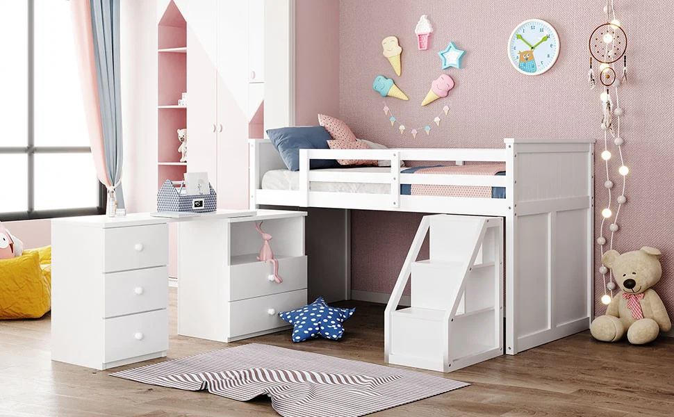White Twin Size Low Loft Bed With Portable Desk By Homeroots - Image 6