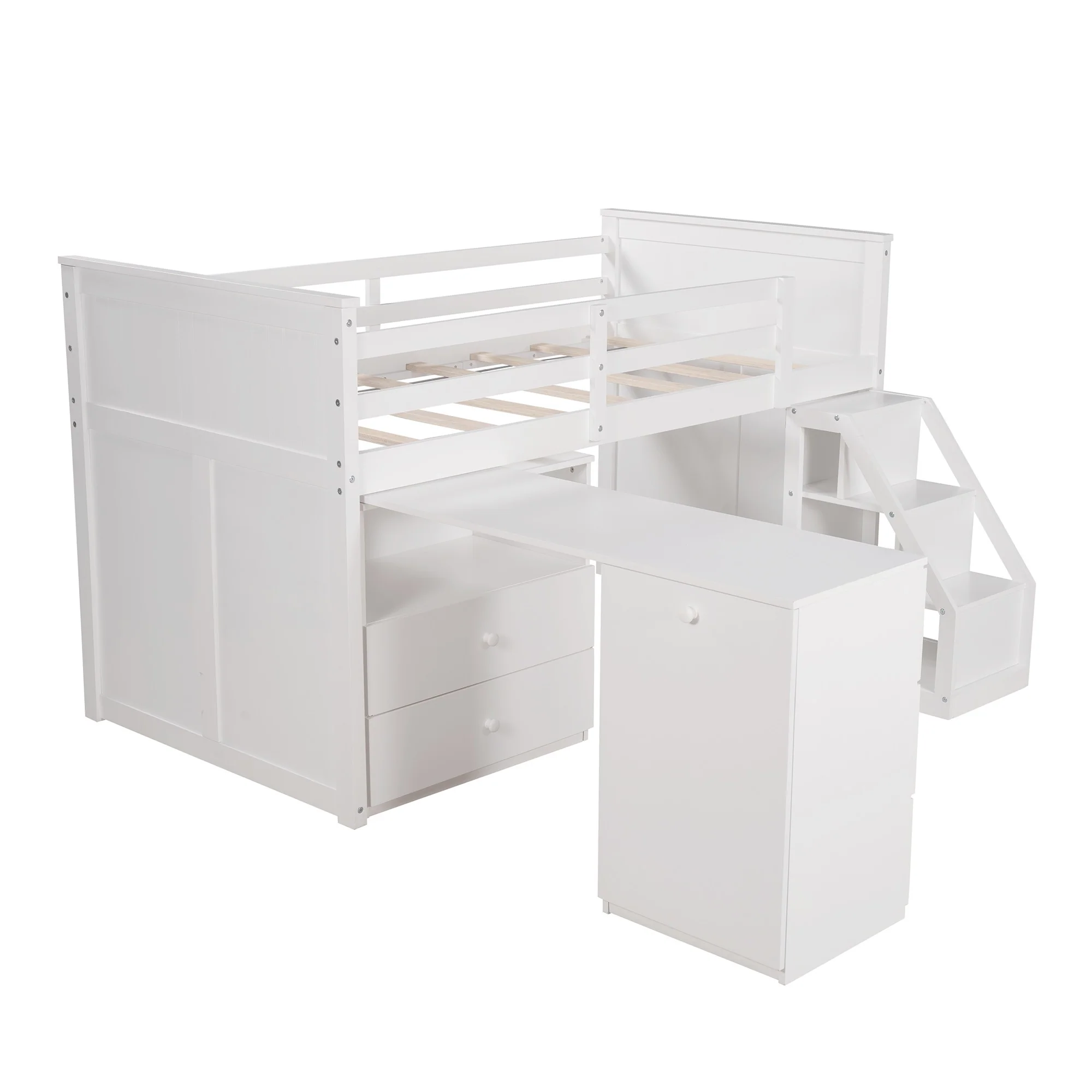 White Twin Size Low Loft Bed With Portable Desk By Homeroots - Image 8