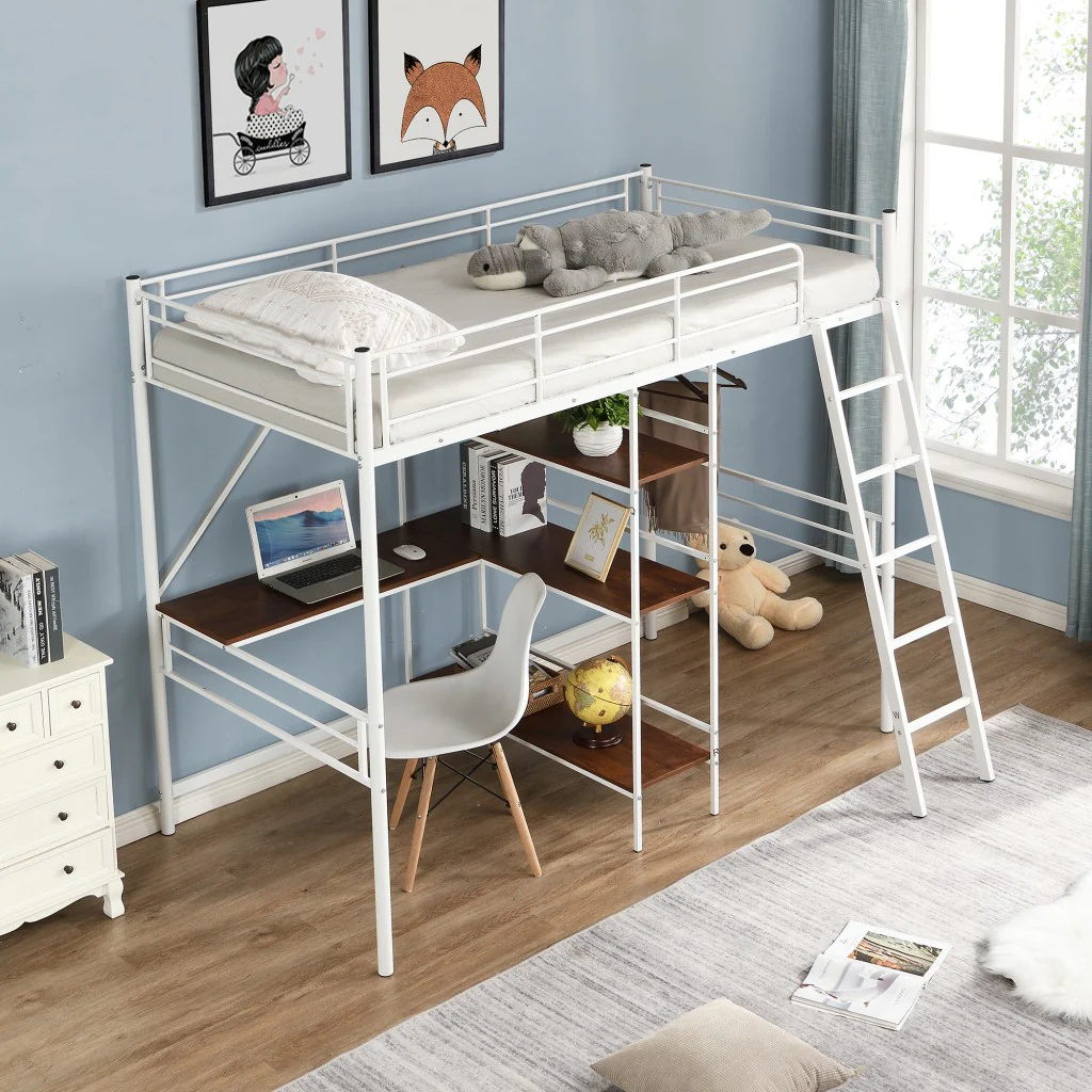 White Twin Size Metal Loft Bed With Desk And Shelves By Homeroots - Image 2