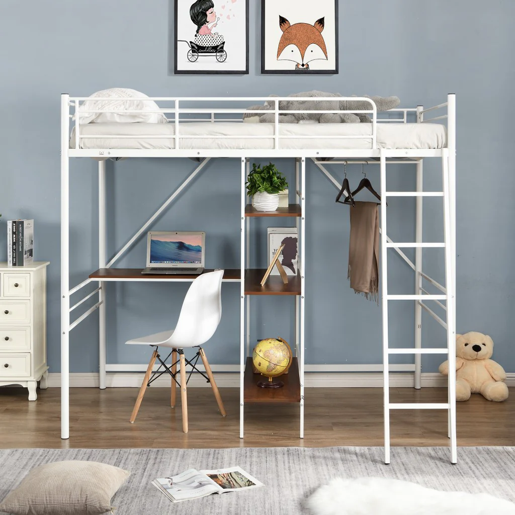 White Twin Size Metal Loft Bed With Desk And Shelves By Homeroots - Image 3