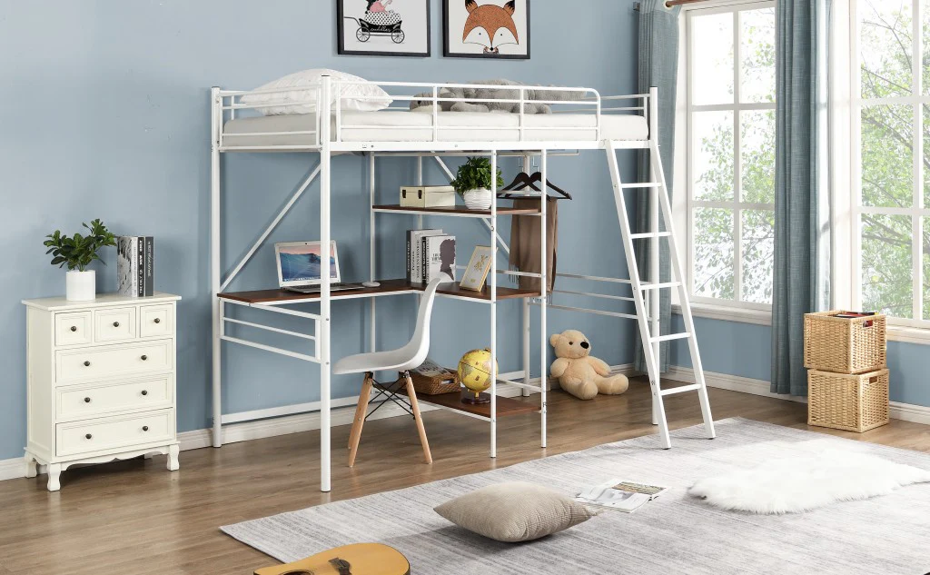 White Twin Size Metal Loft Bed With Desk And Shelves By Homeroots - Image 4