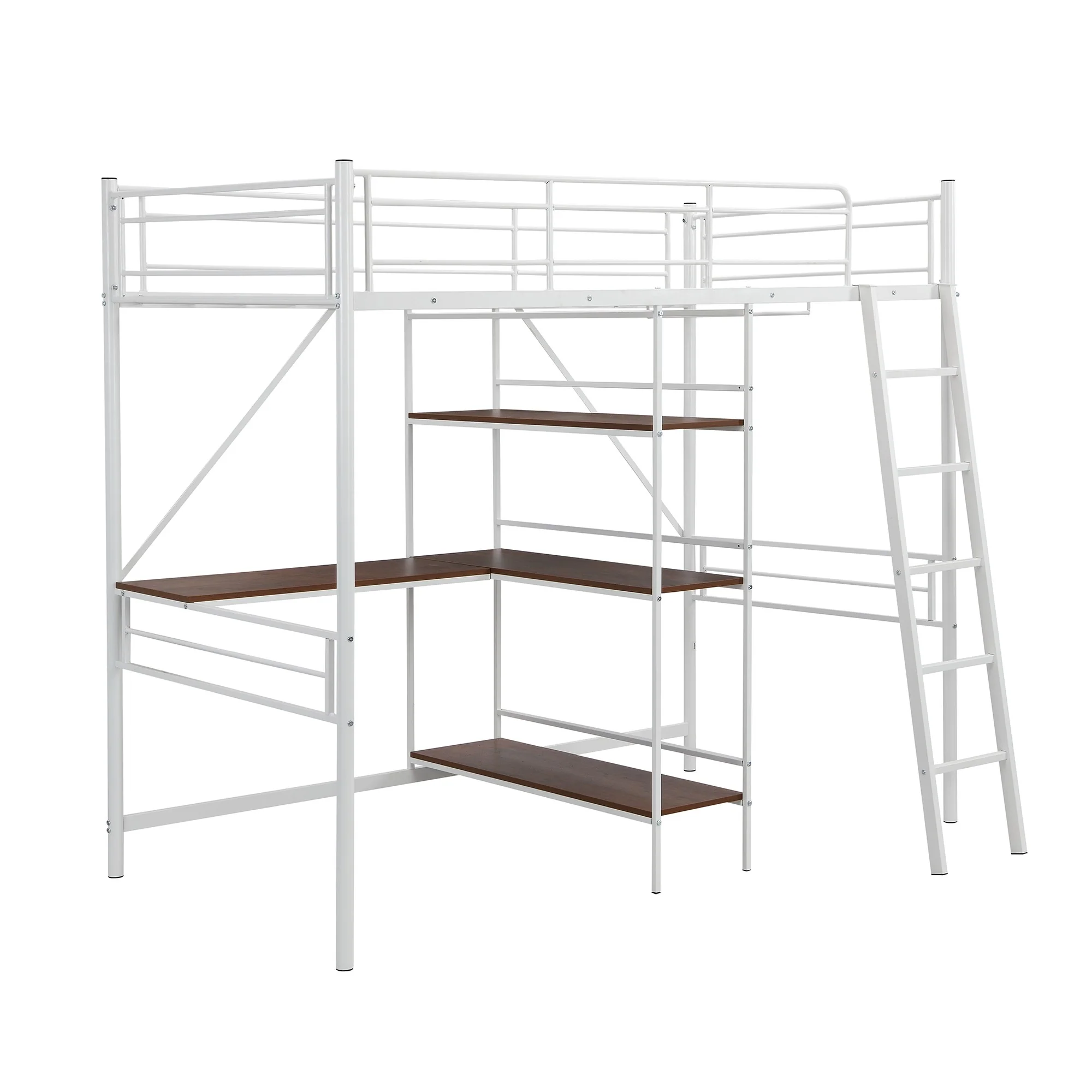 White Twin Size Metal Loft Bed With Desk And Shelves By Homeroots - Image 5