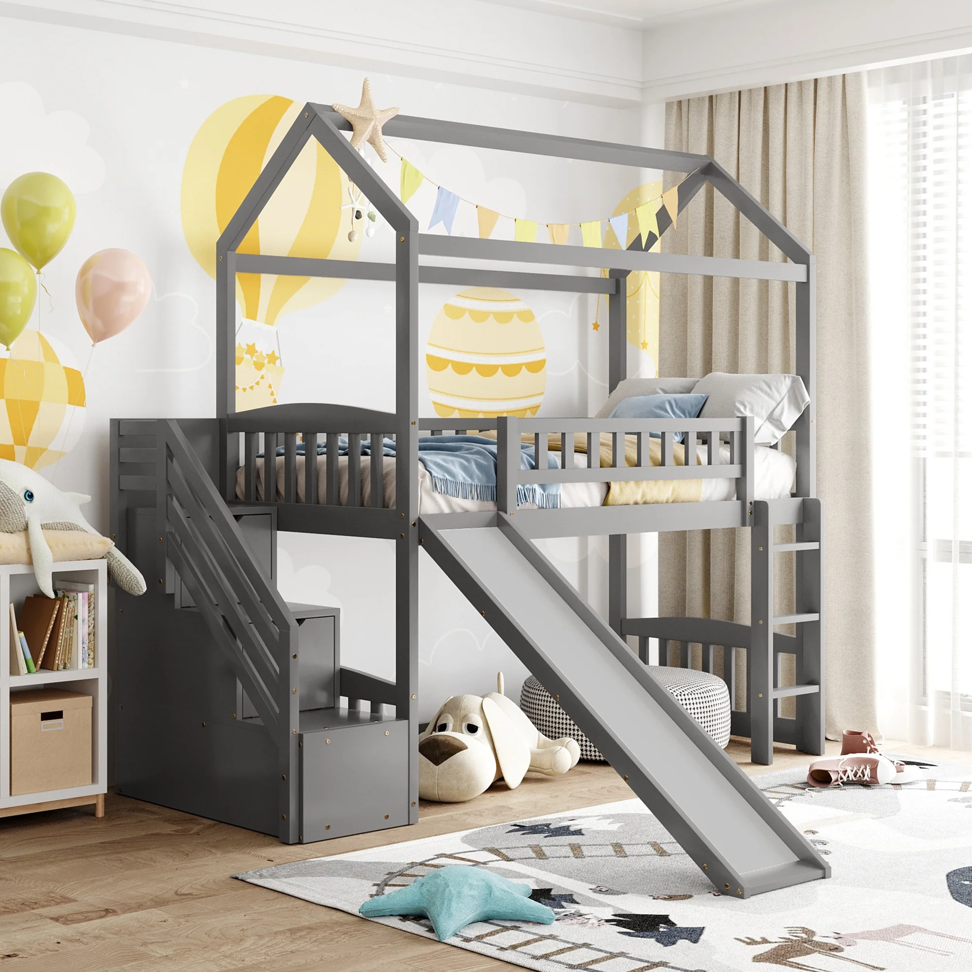 White Twin Size Playhouse Loft Bed With Drawers And Slide By Homeroots - Image 10