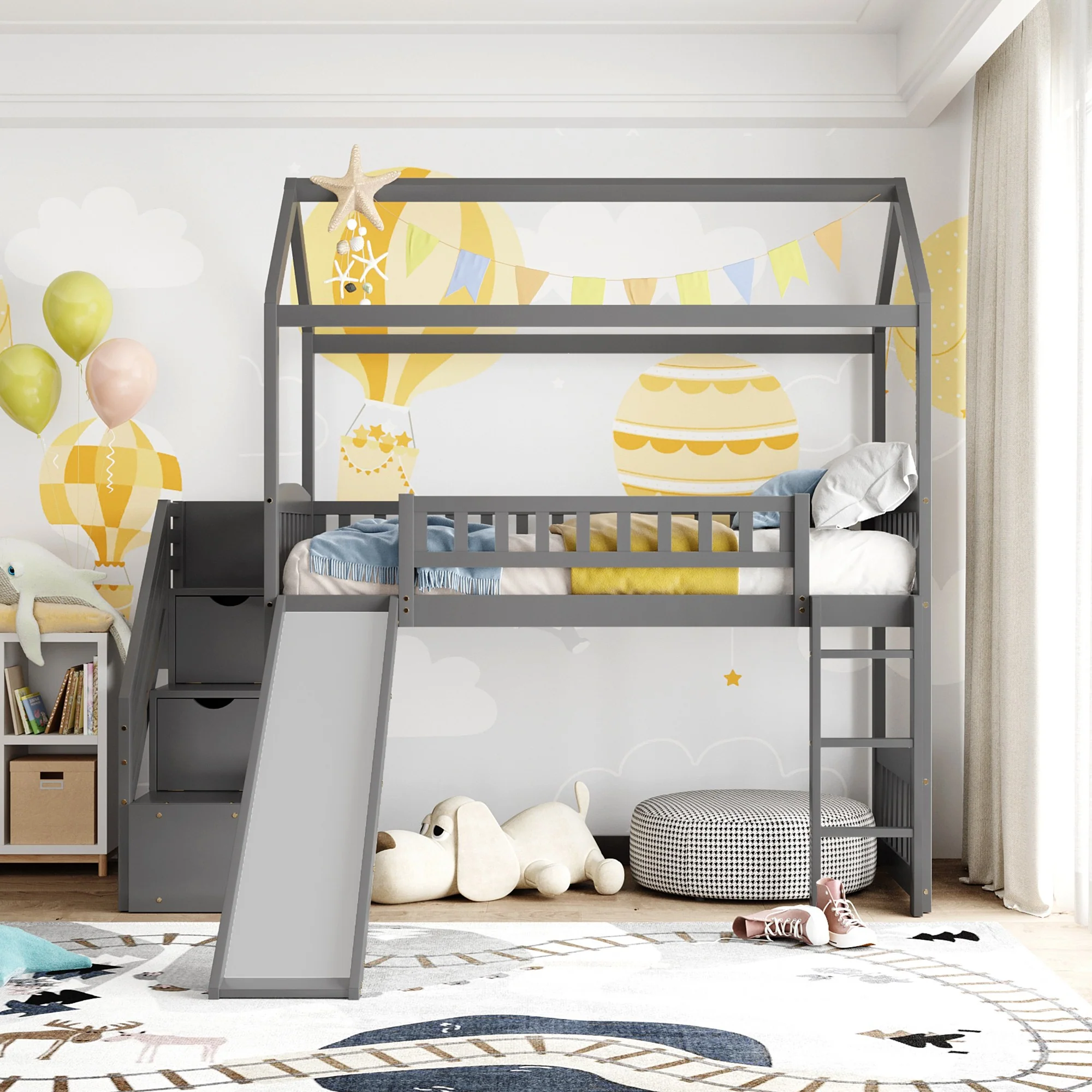 White Twin Size Playhouse Loft Bed With Drawers And Slide By Homeroots - Image 11