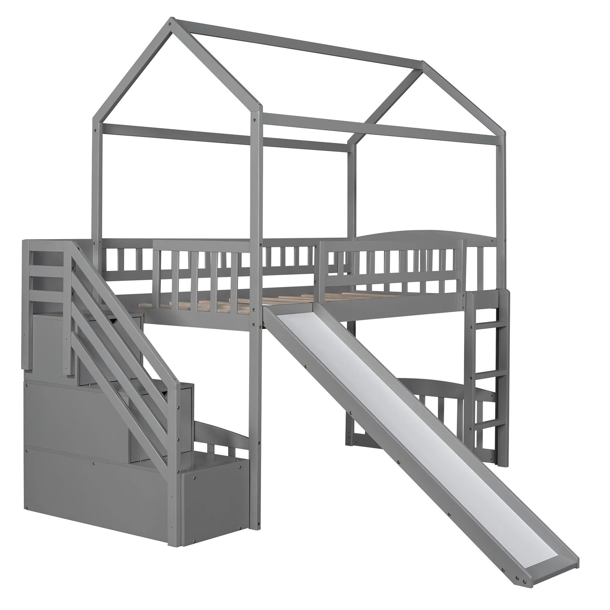 White Twin Size Playhouse Loft Bed With Drawers And Slide By Homeroots - Image 12