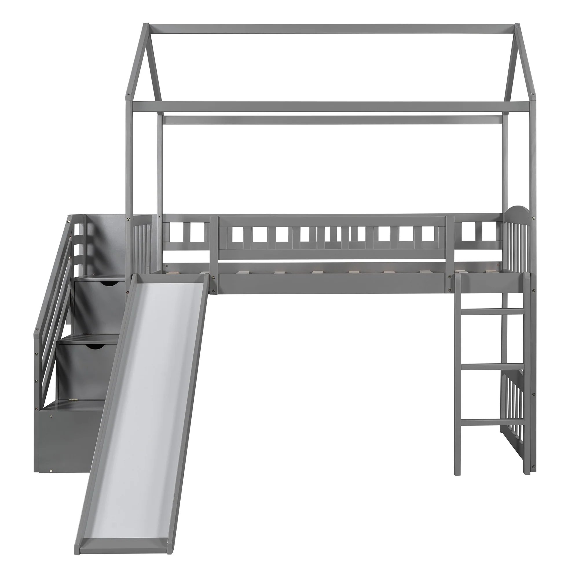White Twin Size Playhouse Loft Bed With Drawers And Slide By Homeroots - Image 13