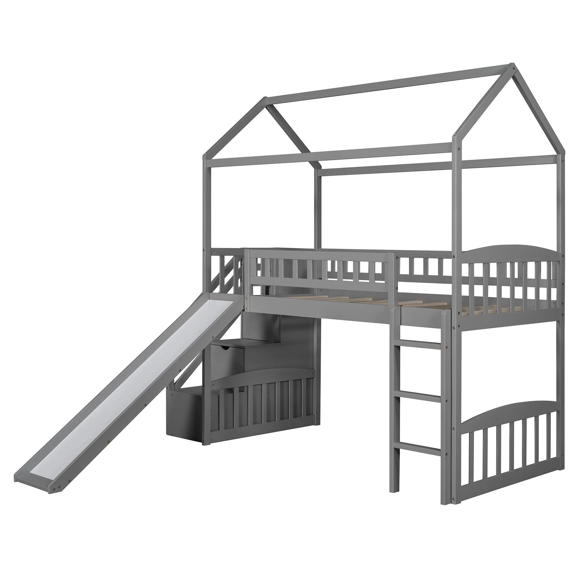 White Twin Size Playhouse Loft Bed With Drawers And Slide By Homeroots - Image 14
