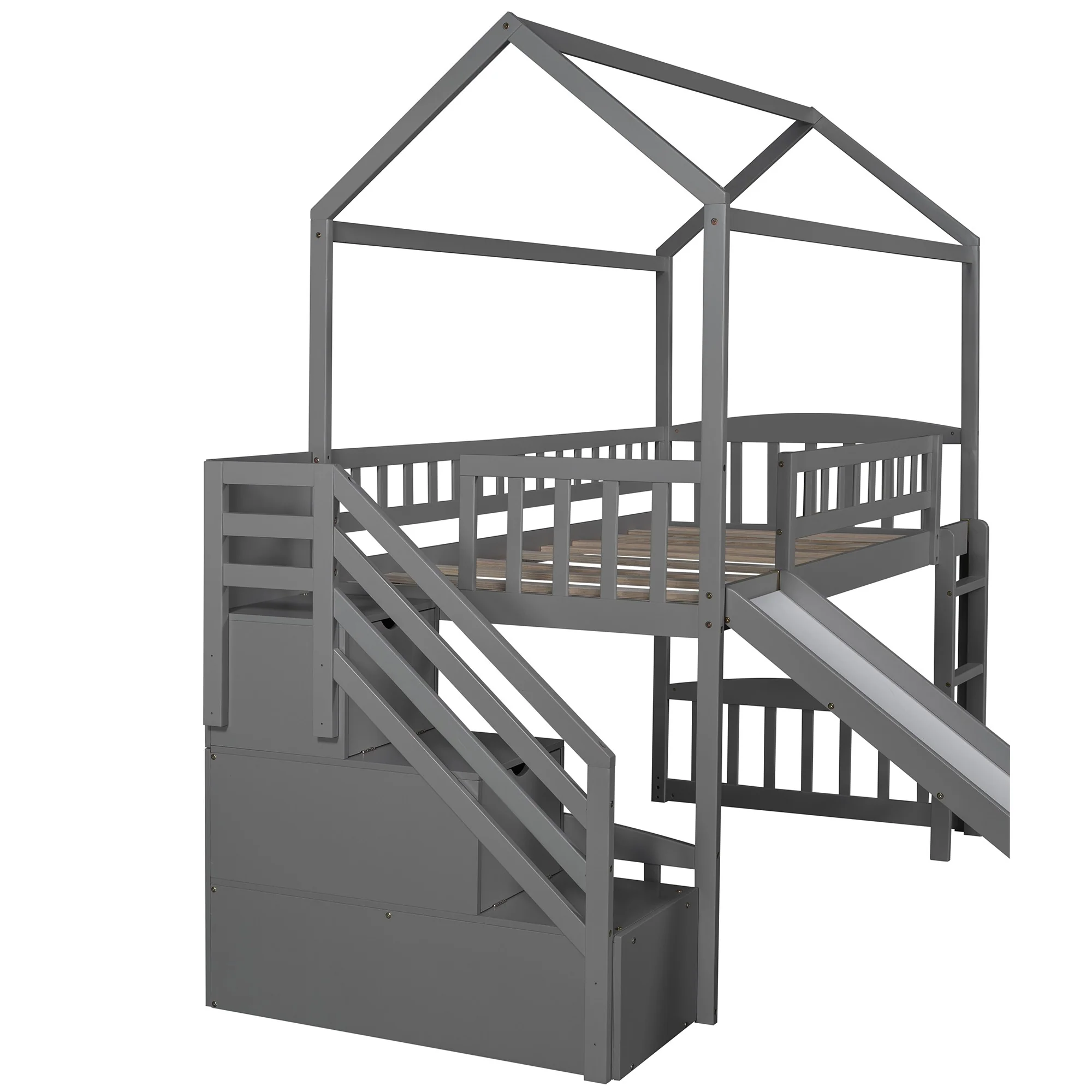 White Twin Size Playhouse Loft Bed With Drawers And Slide By Homeroots - Image 15