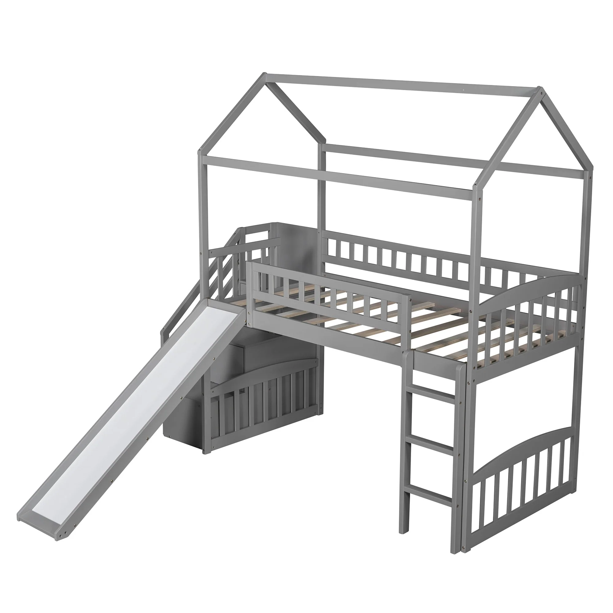 White Twin Size Playhouse Loft Bed With Drawers And Slide By Homeroots - Image 18