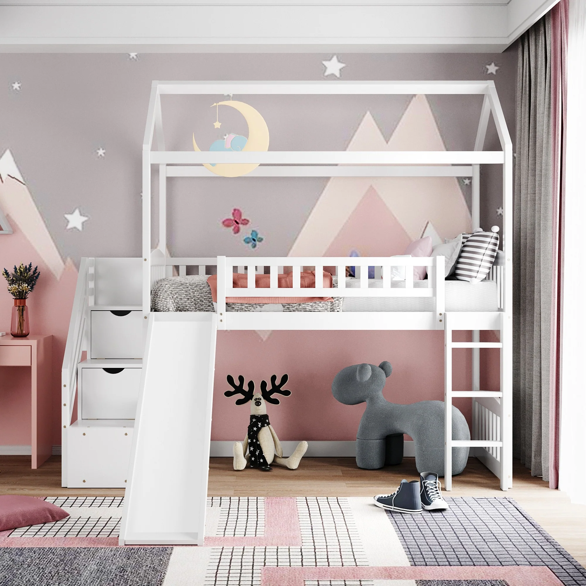White Twin Size Playhouse Loft Bed With Drawers And Slide By Homeroots - Image 2